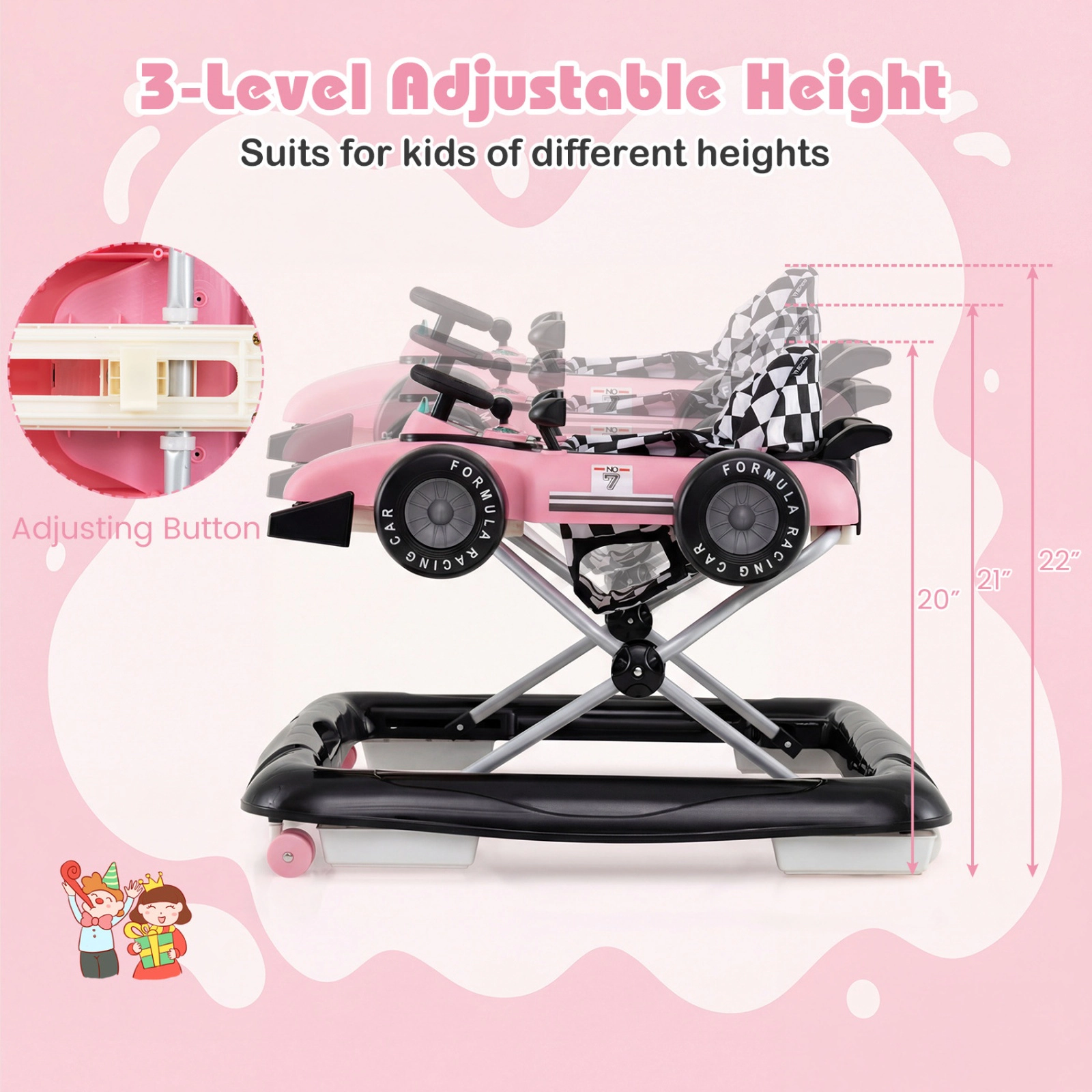 SUGIFT 4-in-1 Height-Adjustable Baby Push Walker Activity Center with Music Box 26.5-lb Capacity Ages 6-18 Months Pink