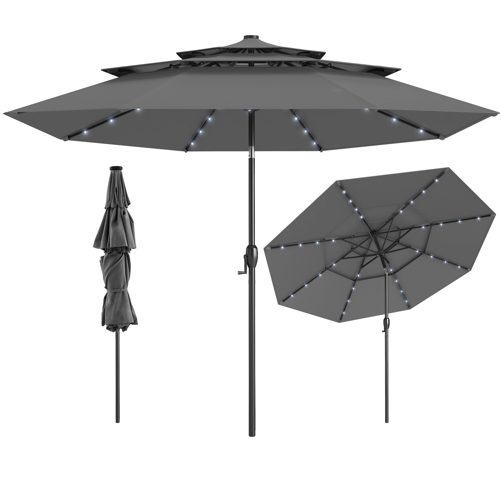 SUGIFT 10.3 ft Solar Patio Umbrella with 3-Tier Vented Top and 32 LED Lights