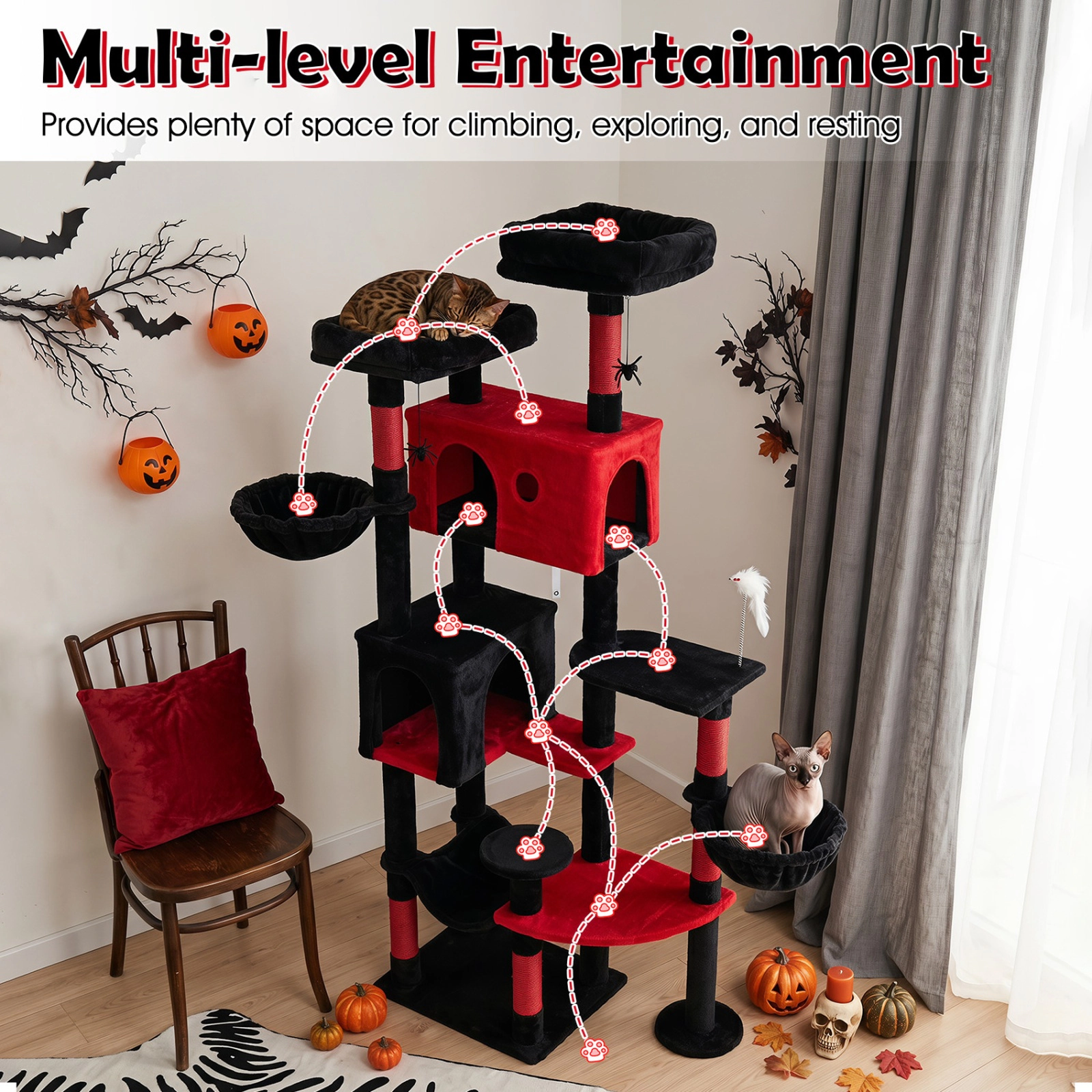 SUGIFT 75-in Gothic Cat Tree with 2 Plush Perches, 2 Condos, Hammock and Basket Beds 22-lb Tier Capacity Black & Red