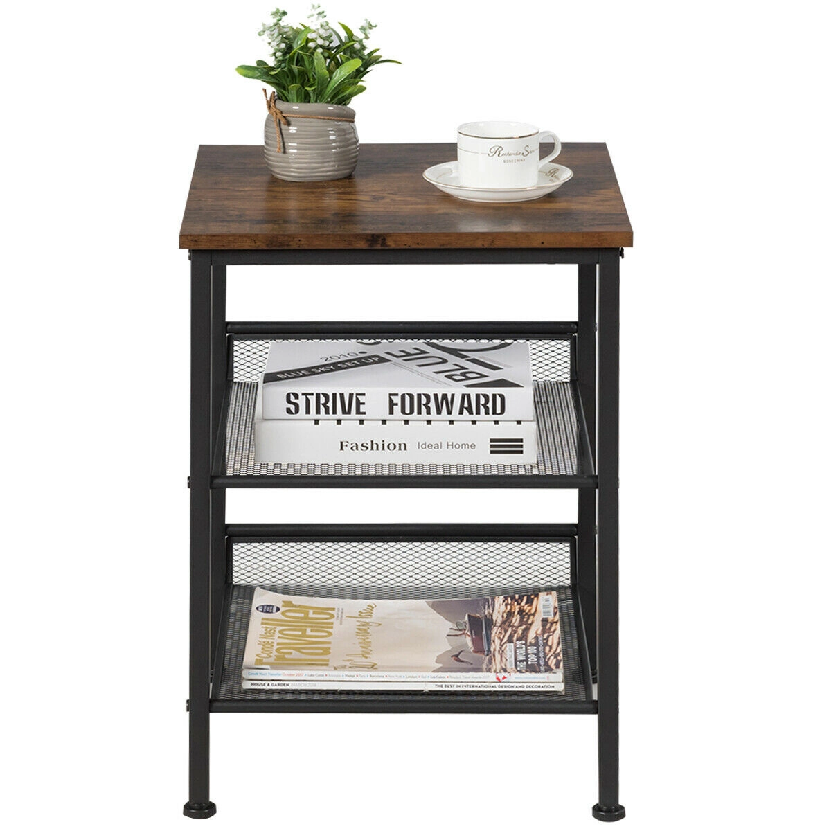 Glintex 3-Tier Industrial Side Table with Tiltable Mesh Shelves and Steel Frame, Rustic Brown