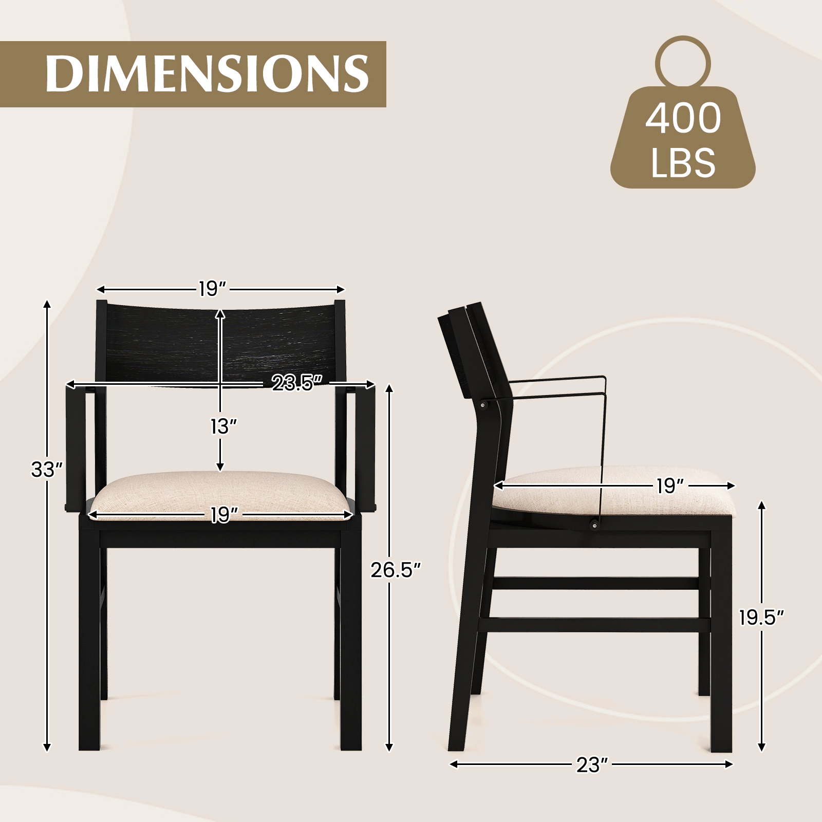 SUGIFT Dining Chair with Contoured Backrest and Padded Seat 400-lb Capacity 23.5-in Wide Set of 2 Beige