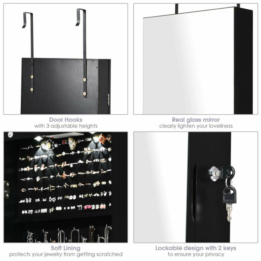 Hivvago Wall and Door Mounted Mirrored Jewelry Cabinet with Lights
