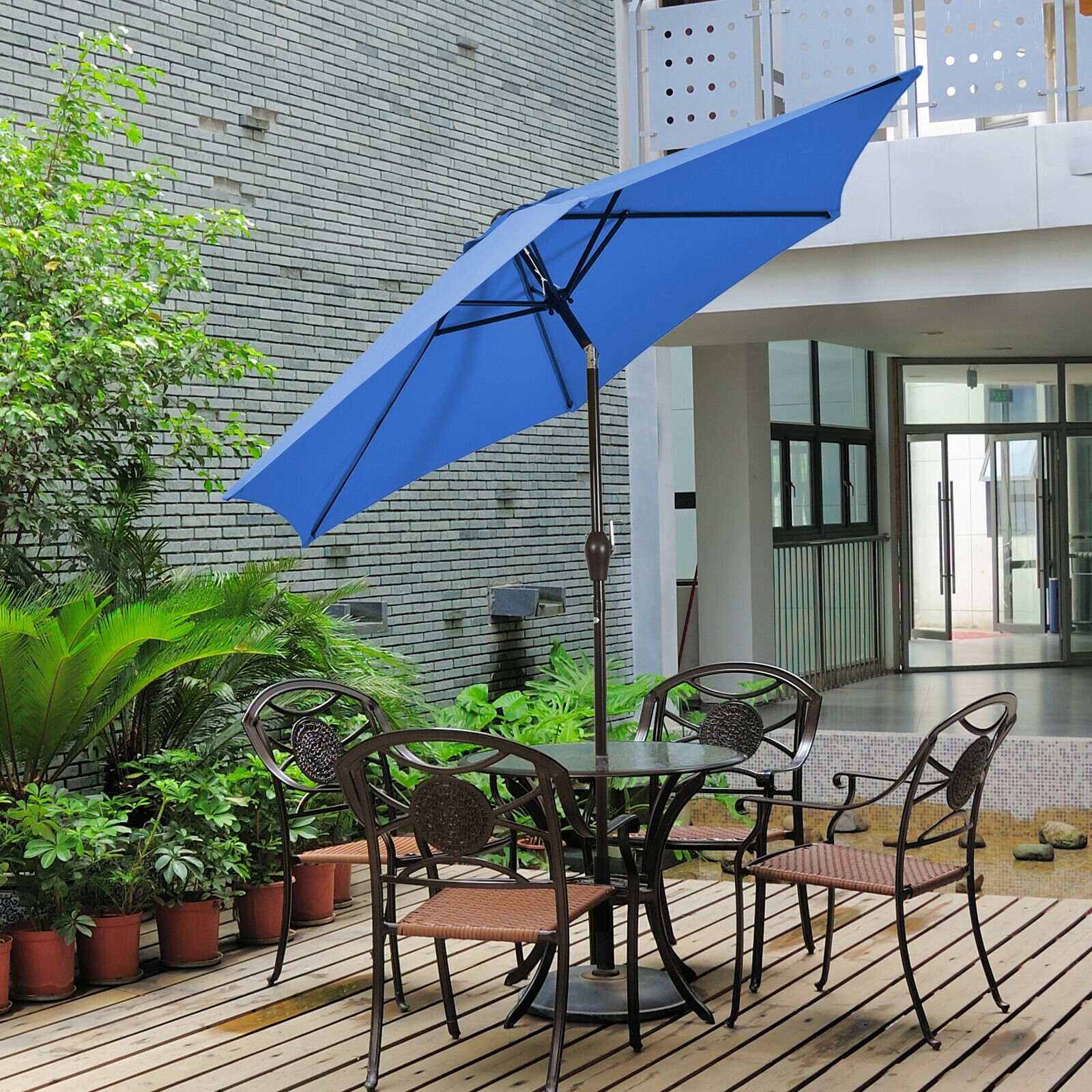 SUGIFT 9-ft Blue Market Table Patio Umbrella with Push Button Tilt Crank Lift 8 Ribs and 1.5-in Iron Pole