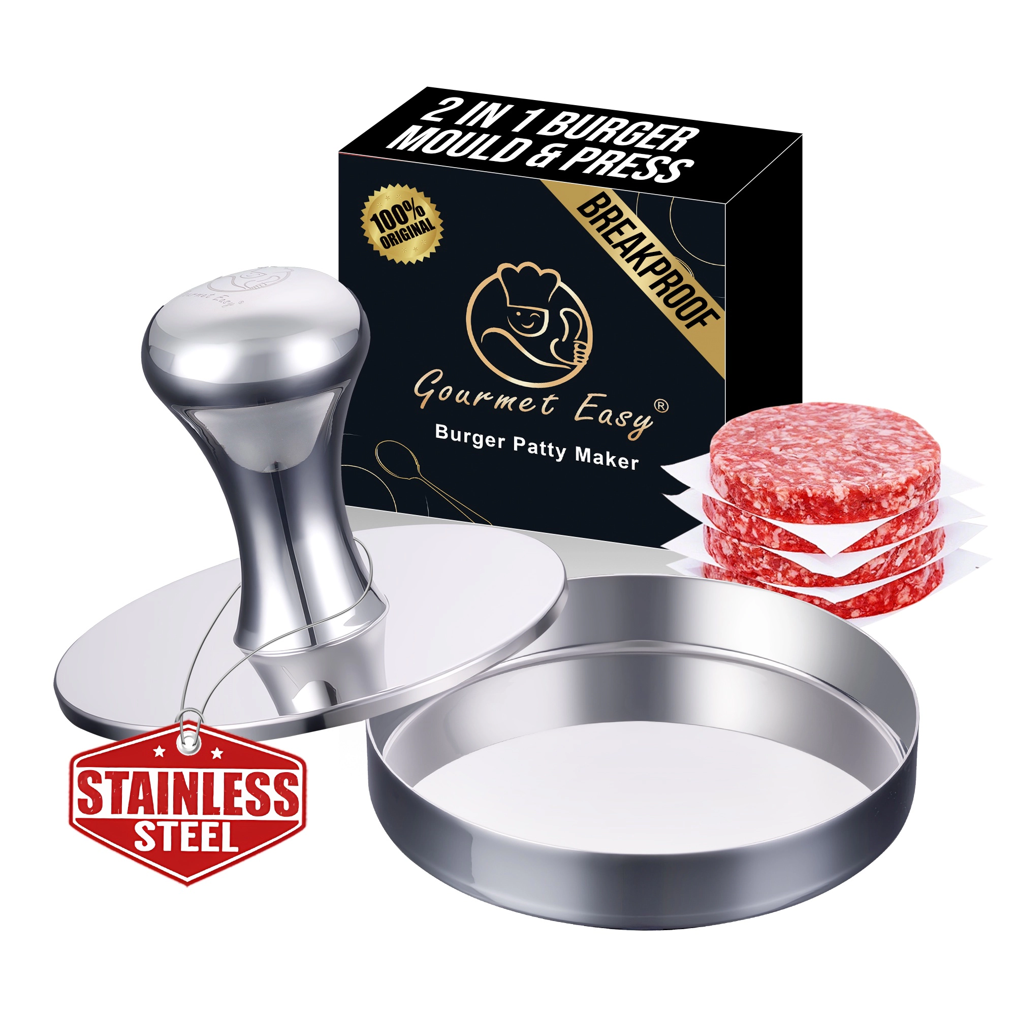Gourmet Easy 2-IN-1 Smash Burger Press & Patty Maker, Stainless Steel Hamburger Helper, Bonus Patty Liner