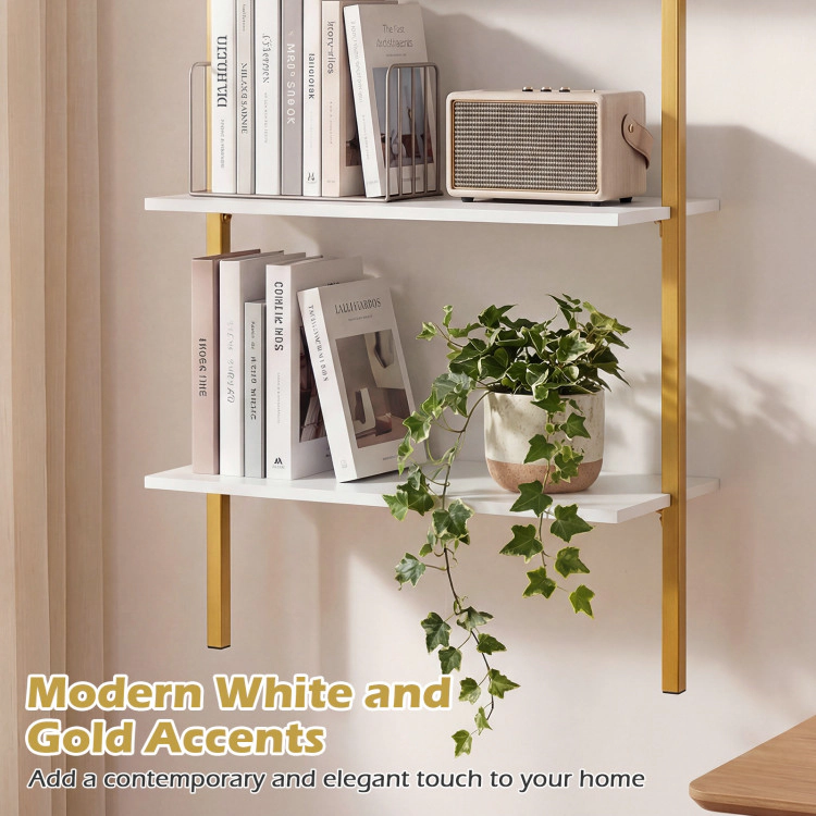 Hivvago 3-Tier Modern Wall Mounted Shelves Wooden Floating Shelving Unit Metal Ladder Bookshelf
