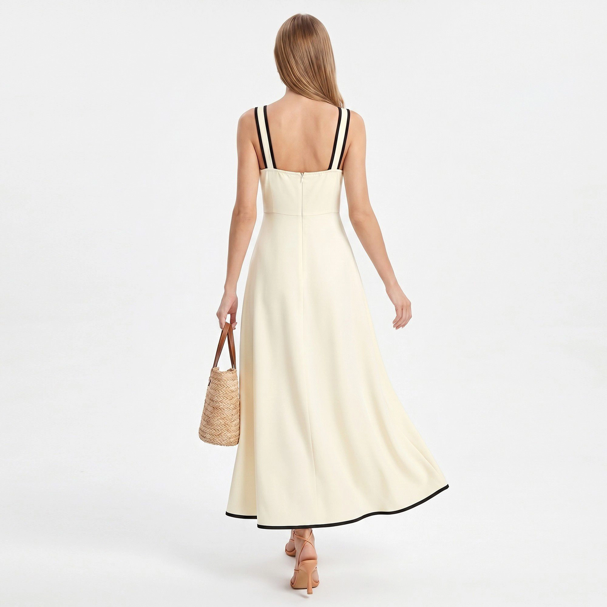 Anna-Kaci Women’s Bow Front Maxi Dress with Contrast Trim and Wide Straps