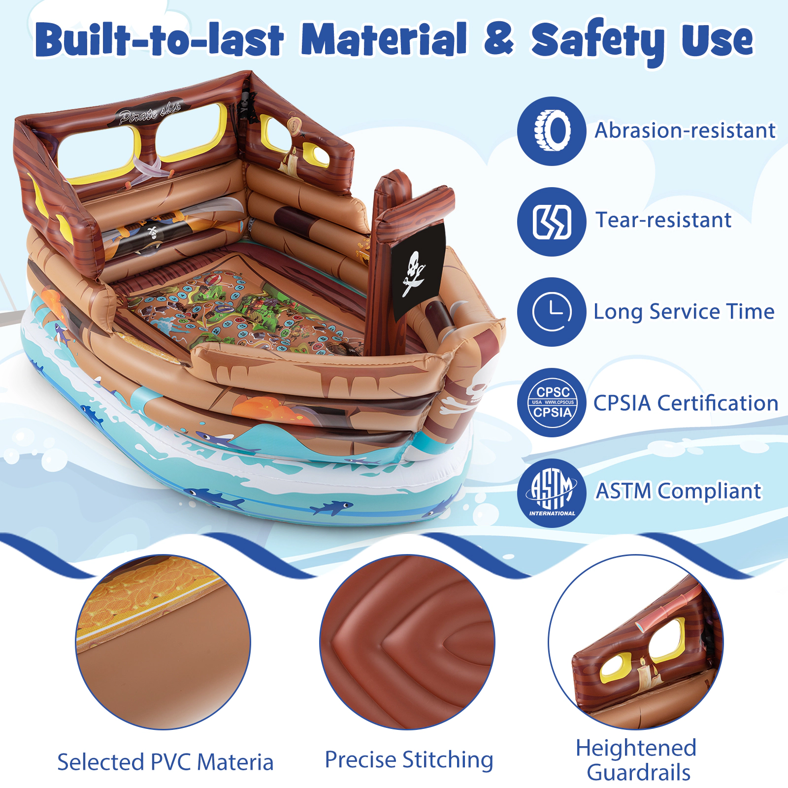SUGIFT Brown Built-in Motor Toy Sword and Pirate Hat Kids Inflatable Pirate Ship Playhouse