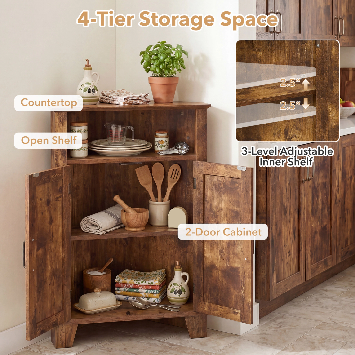 SUGIFT Rustic Brown 4-Tier Corner Accent Storage Cabinet with 2 Barn Doors and Open Shelf 22-in W 14-in D 33-in H
