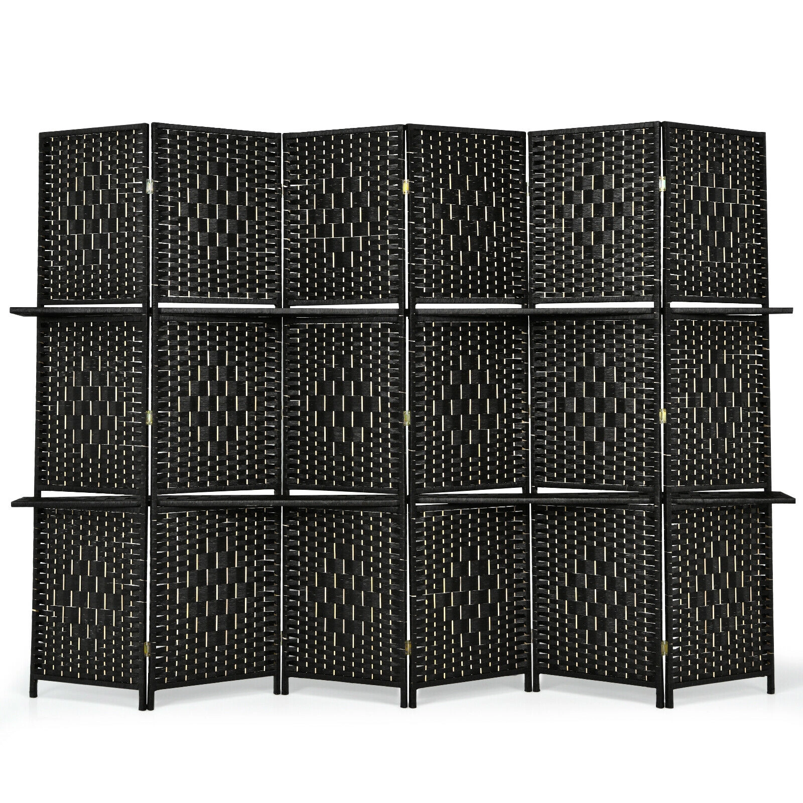 SUGIFT 6 Panel Folding Hand-Woven Fiber Room Divider with 2 Display Shelves 71-in Tall Black/Brown