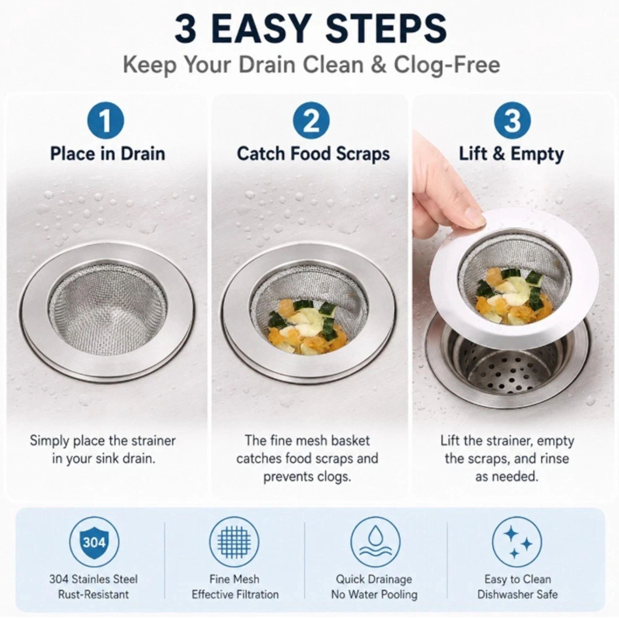 Home Collection Pack of 4, 4.5" Stainless Steel Kitchen Sink Strainer Drain Basket Set