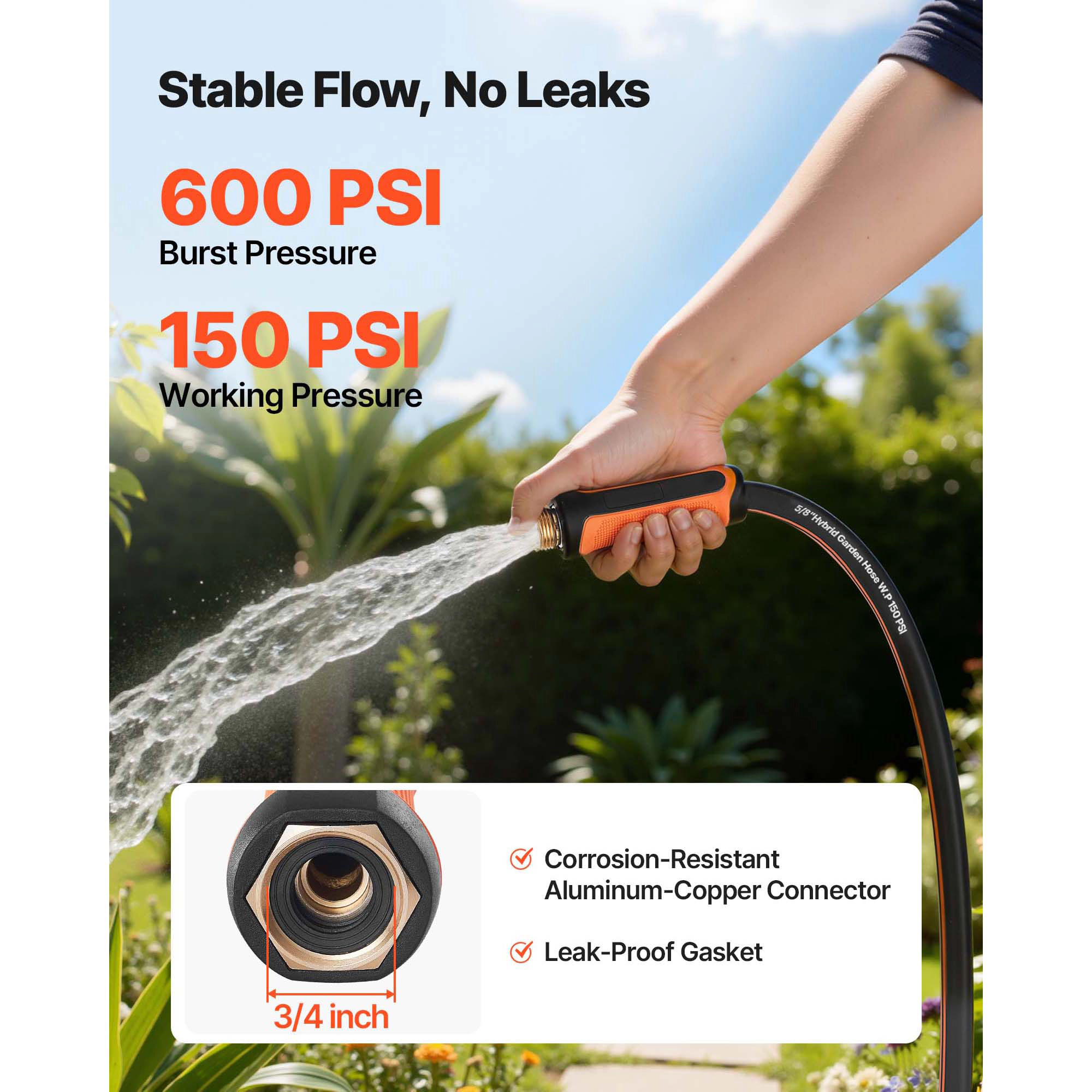 HONGGE 100 ft Heavy Duty Rubber Garden Hose, 5/8 in Kink-Free, 150 PSI Working / 600 PSI Burst, 3/4 in Fitting