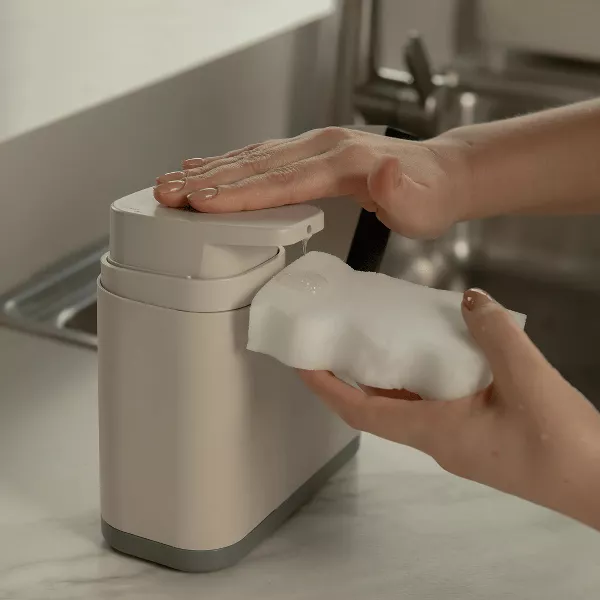 OU 19oz Liquid Soap Dispenser w/ Sponge Holder & Removable Drip Tray Refillable Plastic Dish Space Saving