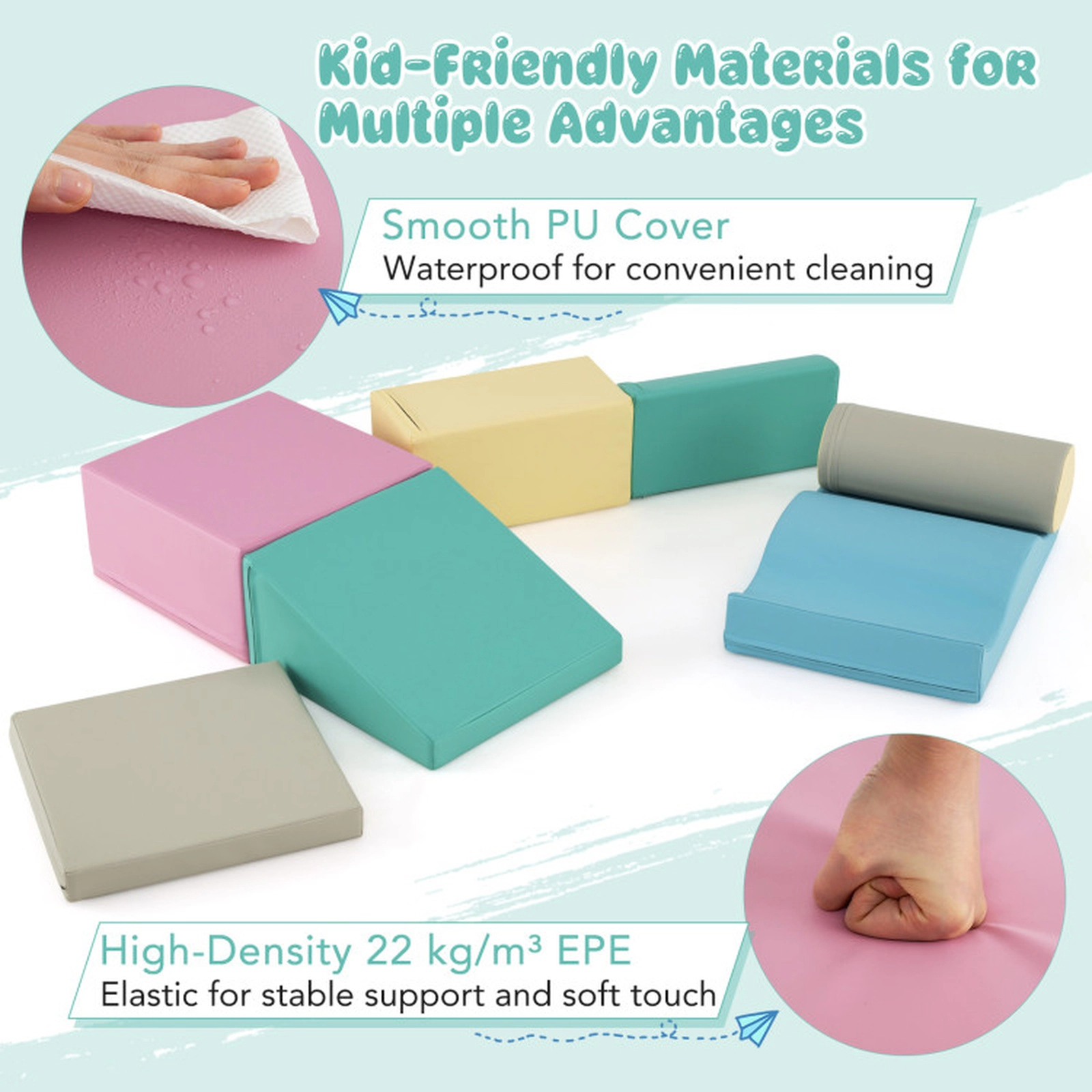 SUGIFT Multicolor Zippered PU Cover 7-Piece Toddler Soft Play Foam Climbing Blocks