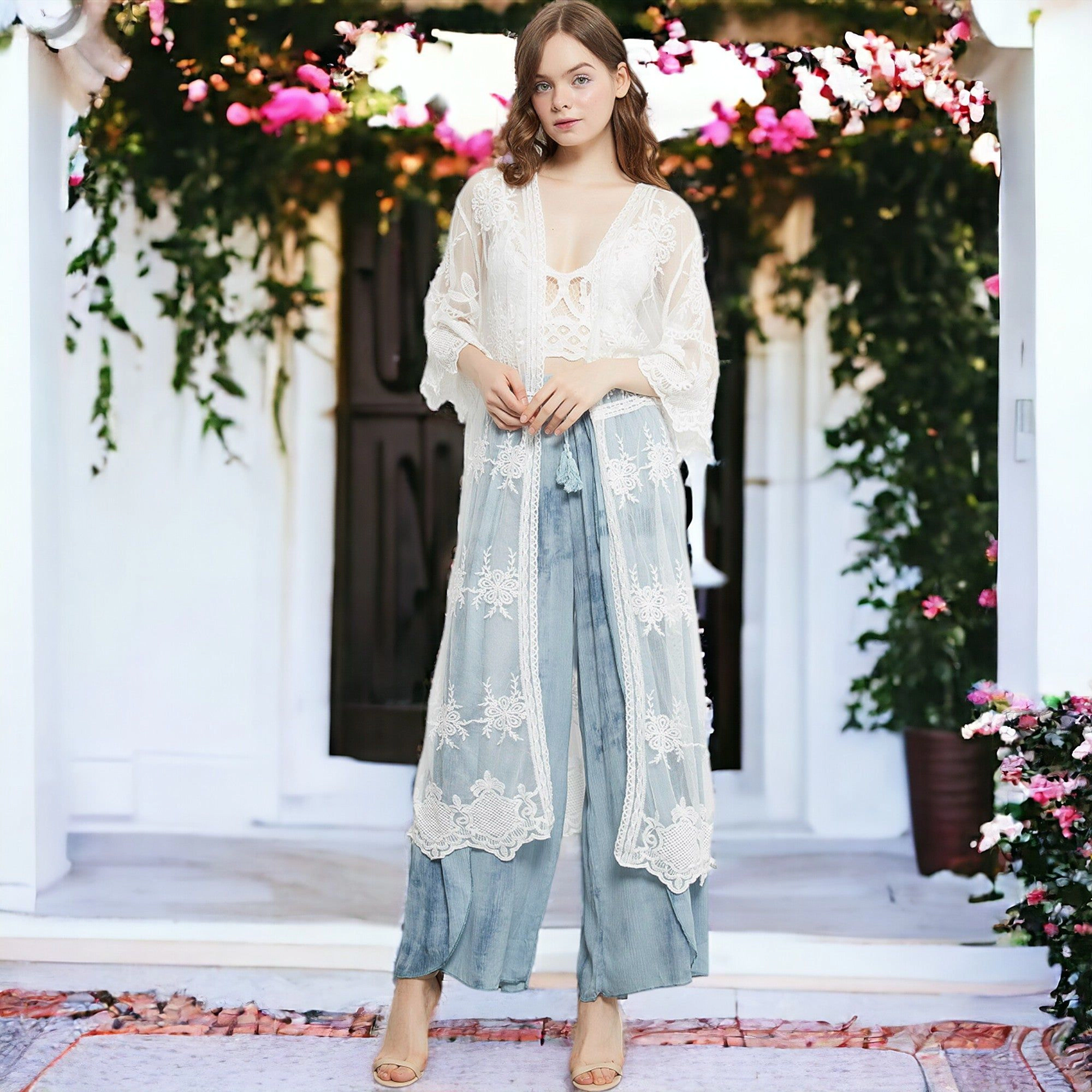 Anna-Kaci Women's Long Floral Lace Embroidered Crochet Duster