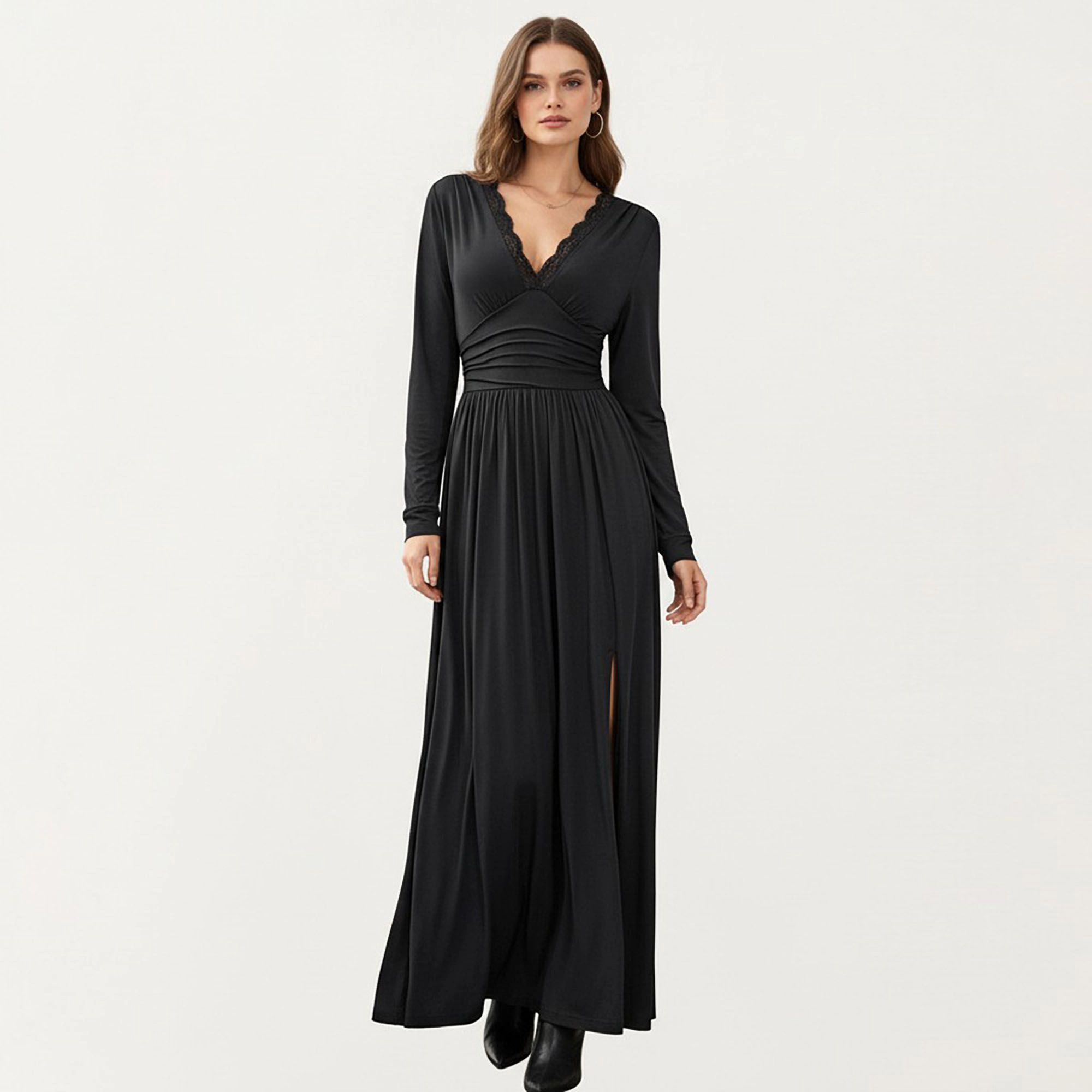 Anna-Kaci Women's V Neck Long Sleeve Lace Detail Side Slit Maxi Dress
