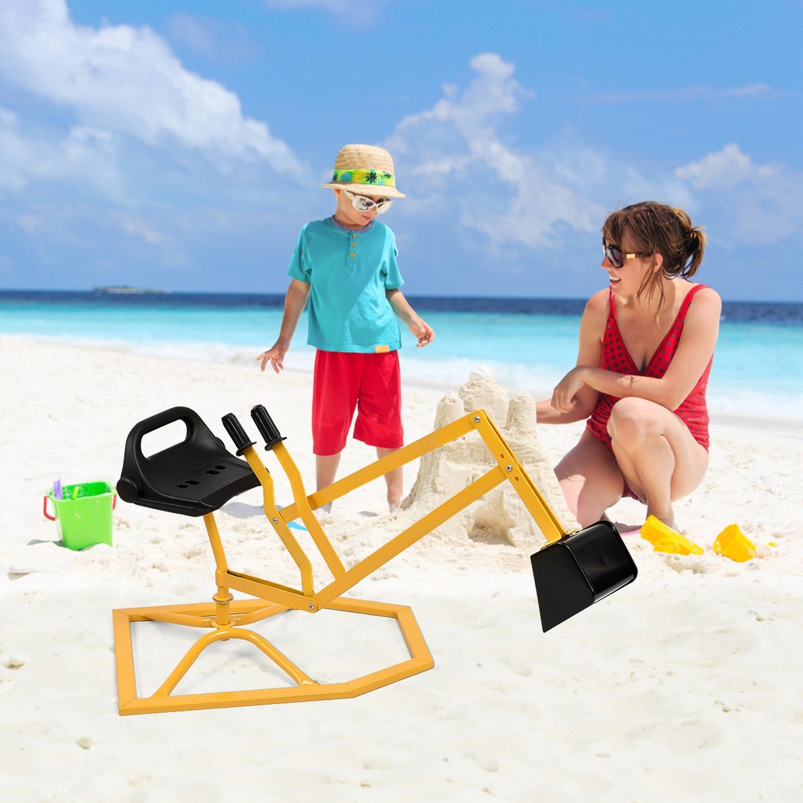 Kids Ride-On Sand Digger Excavator 44-in Steel Sandbox Toy 360-Degree Swivel Seat Rubber Grip Handles 88-lb Ages 4-12