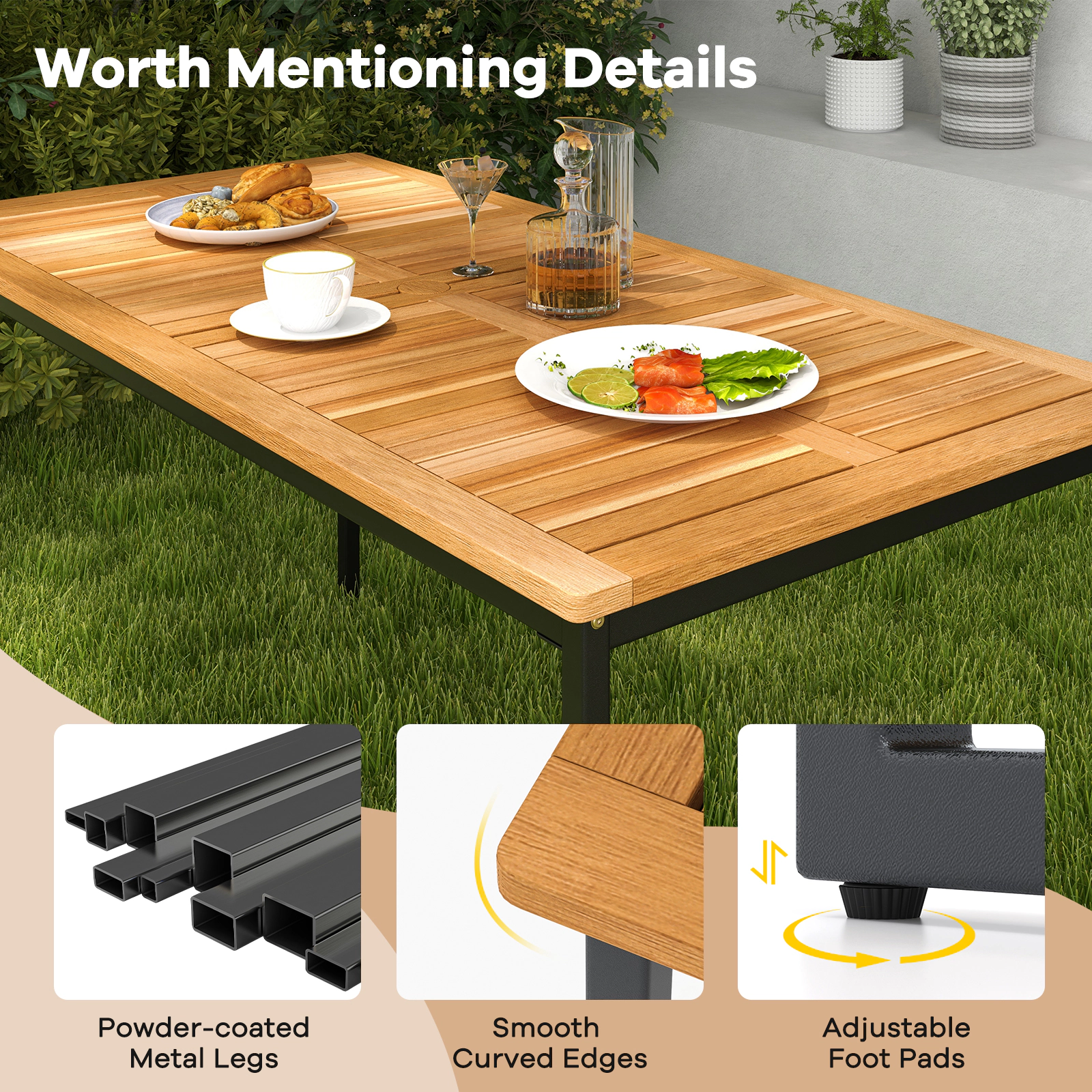 SUGIFT Acacia Wood Dining Table for 6 People with Slatted 55-in Tabletop Umbrella Hole 165-lb Capacity Natural and Black