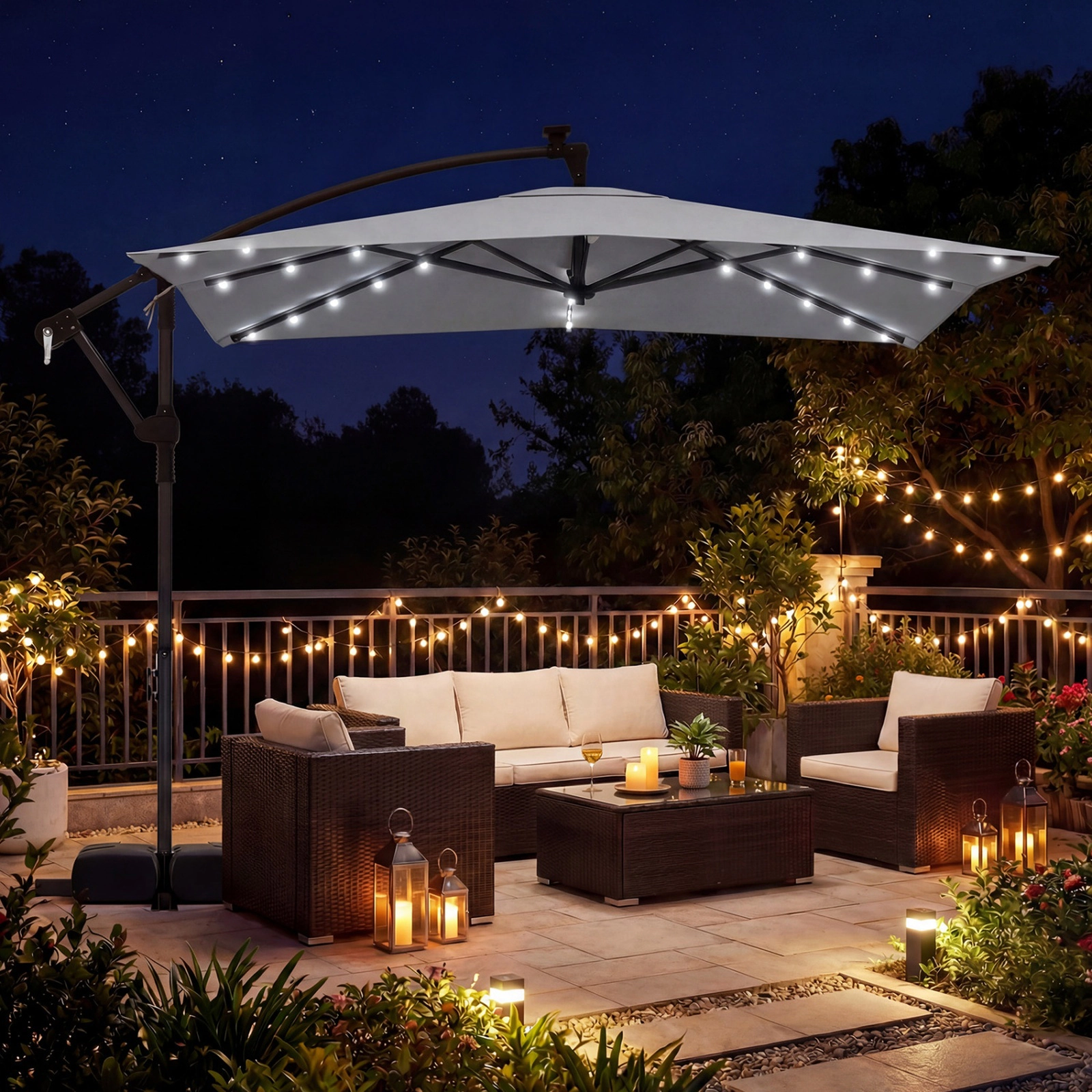 SUGIFT 8-ft Gray Square Solar LED Offset Patio Umbrella with Crank Lift and 360-Degree Rotation for Deck