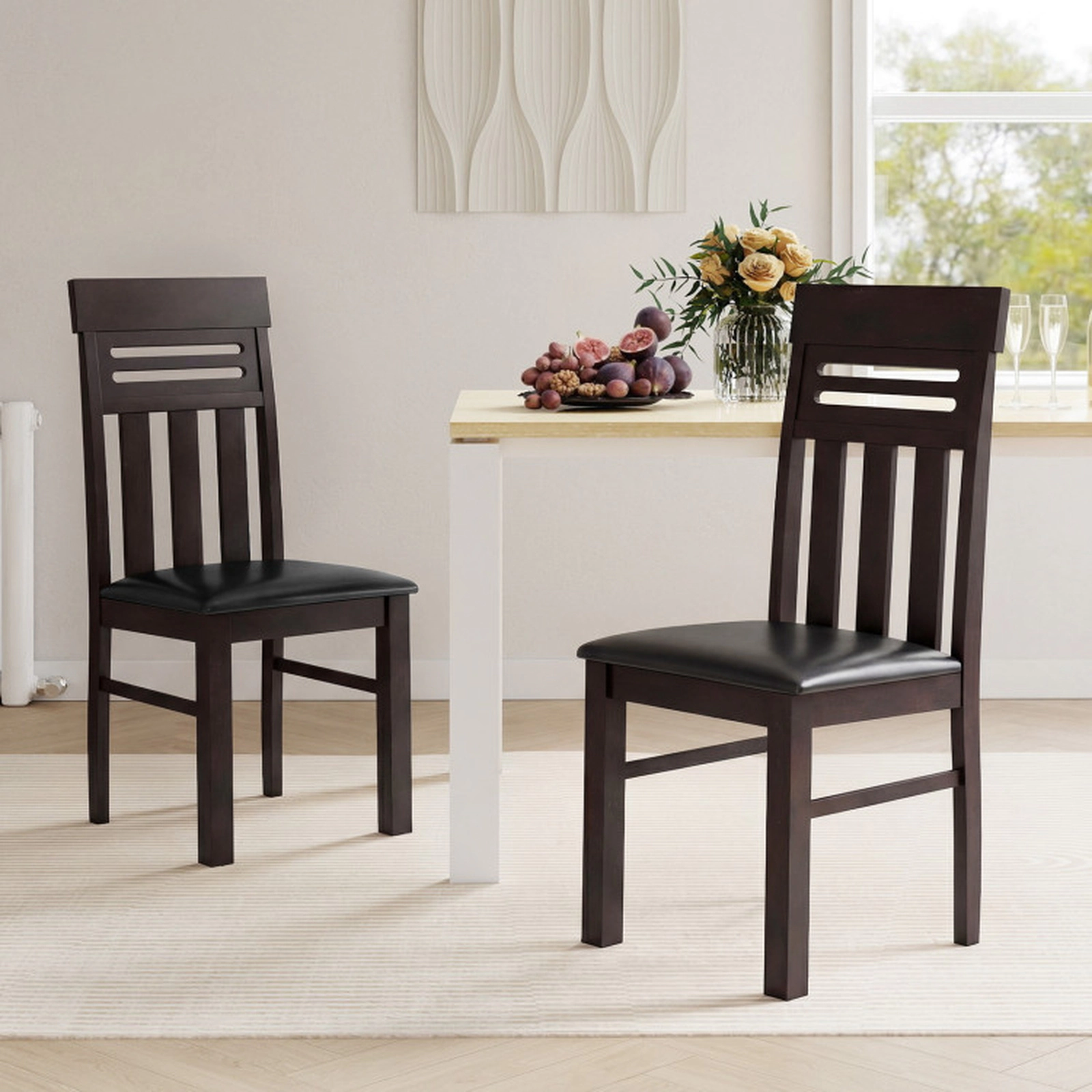 SUGIFT Set of 2 Brown Faux Leather High-Back Dining Chairs
