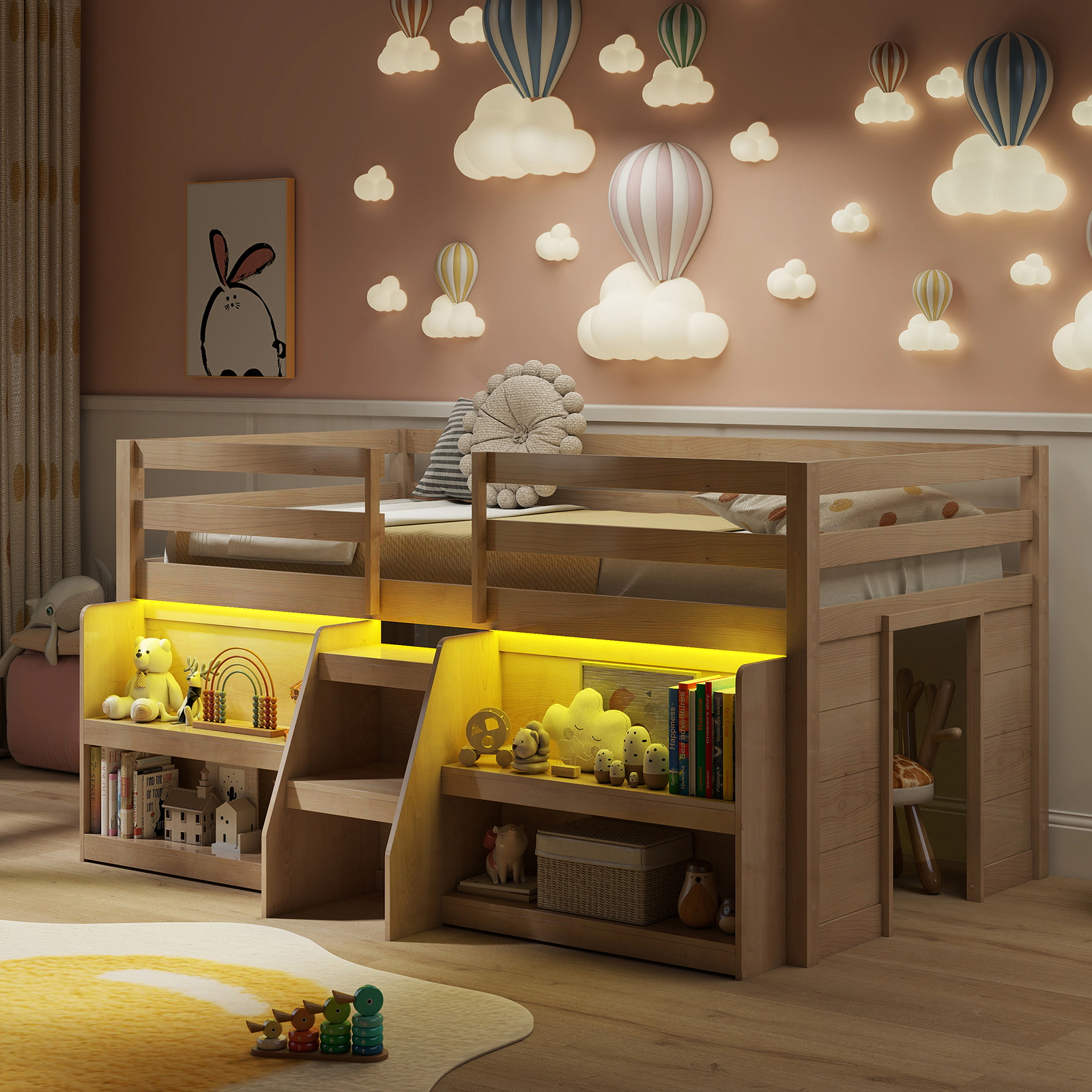 SUGIFT Twin Loft Bed with Staircase, Dimmable LED Lights and 2 Bookshelves