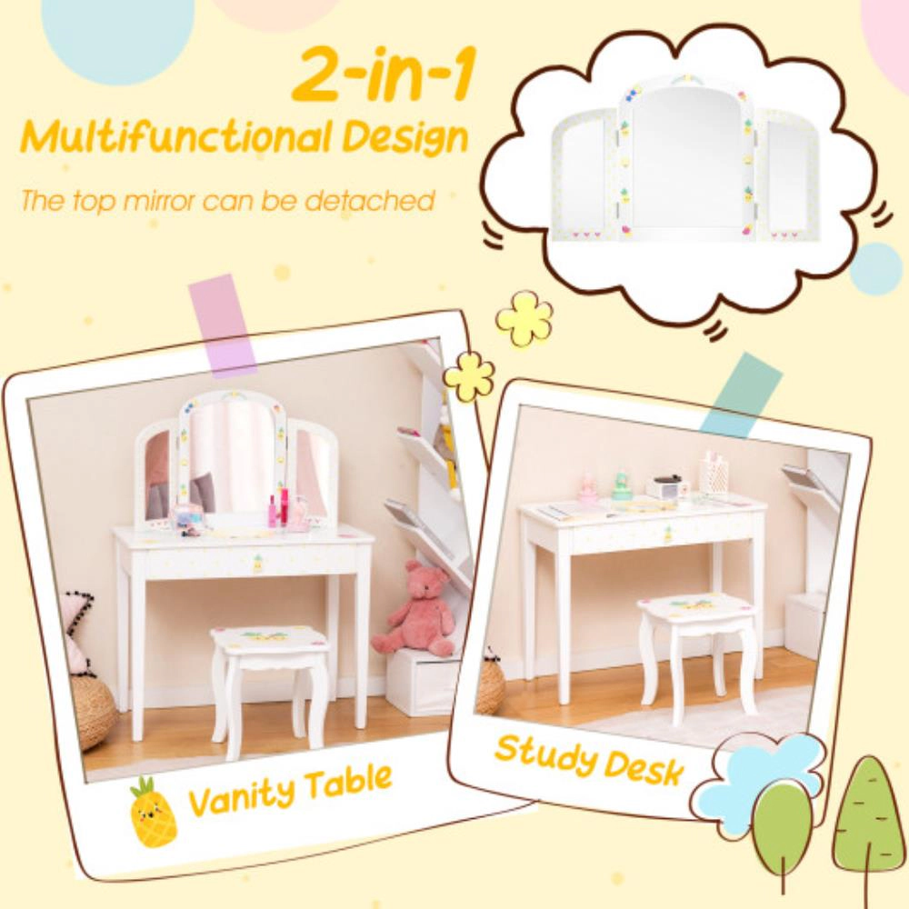 Hivvago Kids Vanity Table Set With Tri-Folding Mirror And Large Drawer-White