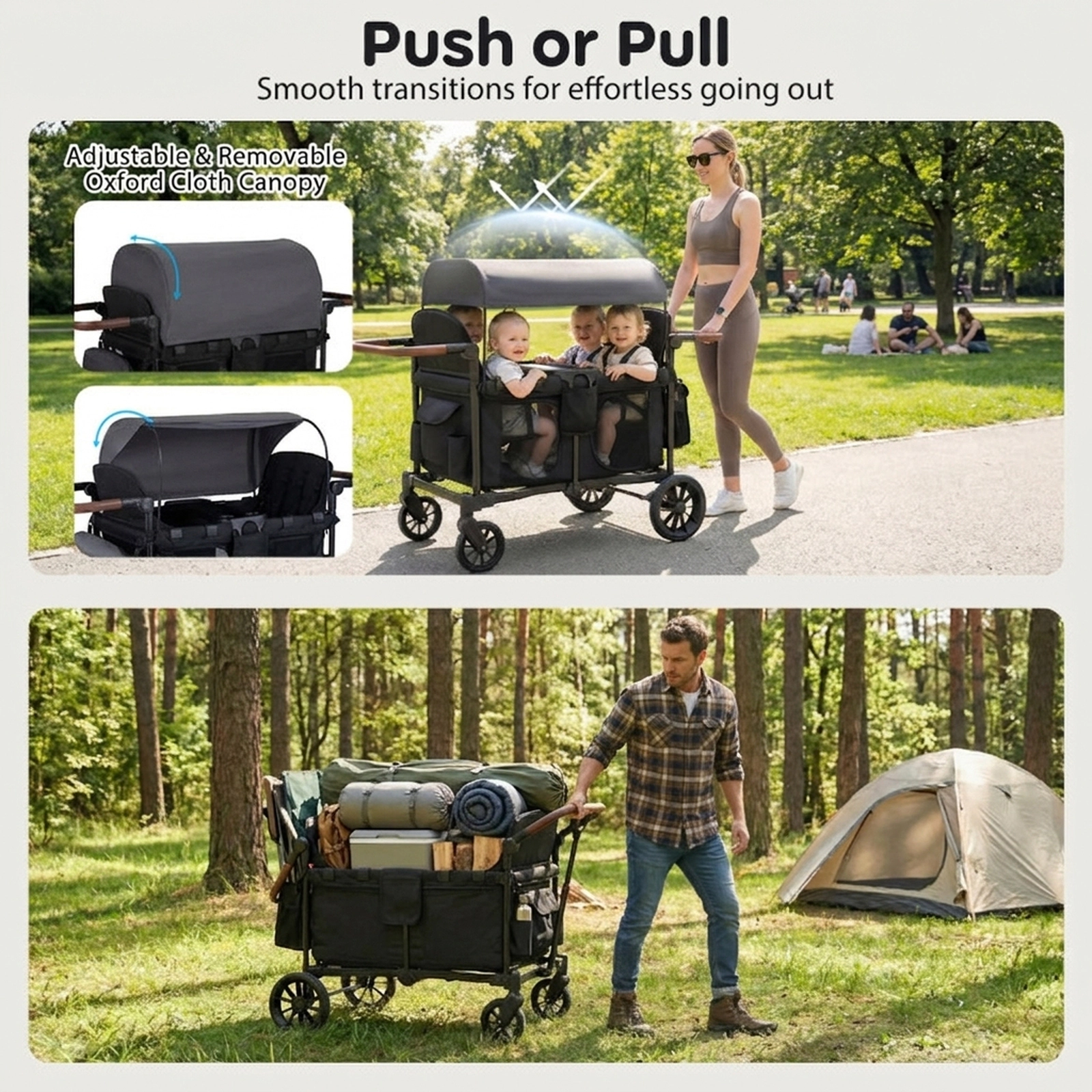 SUGIFT Toddler Black 4-Seat Wagon Stroller with 4 Detachable Padded Seats 44-in W 27.5-in D 45-in H 35-lb Per Seat