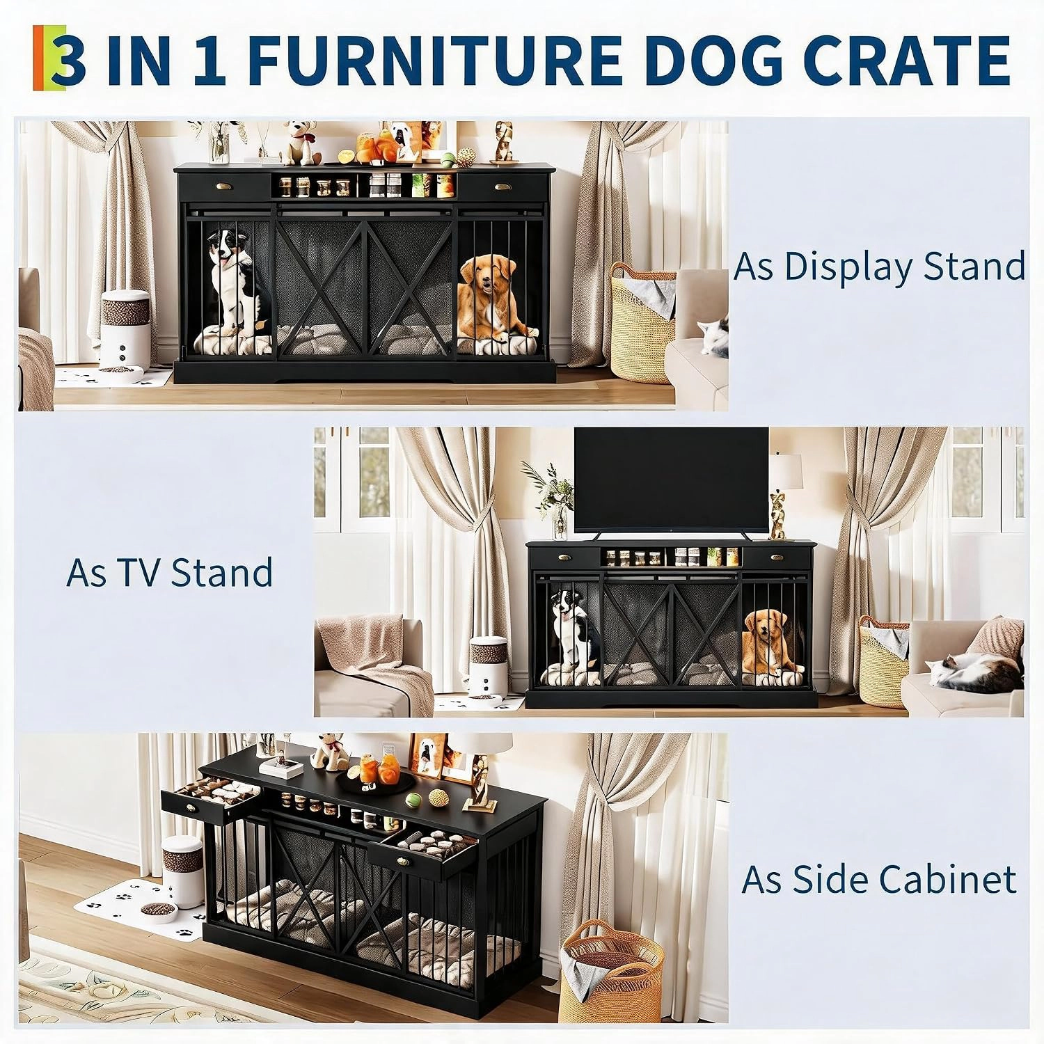 63-Inch JM-GL-100 Double-Stack Metal Dog Crate, Heavy-Duty Dual-Level Pet Cage, Pure Black