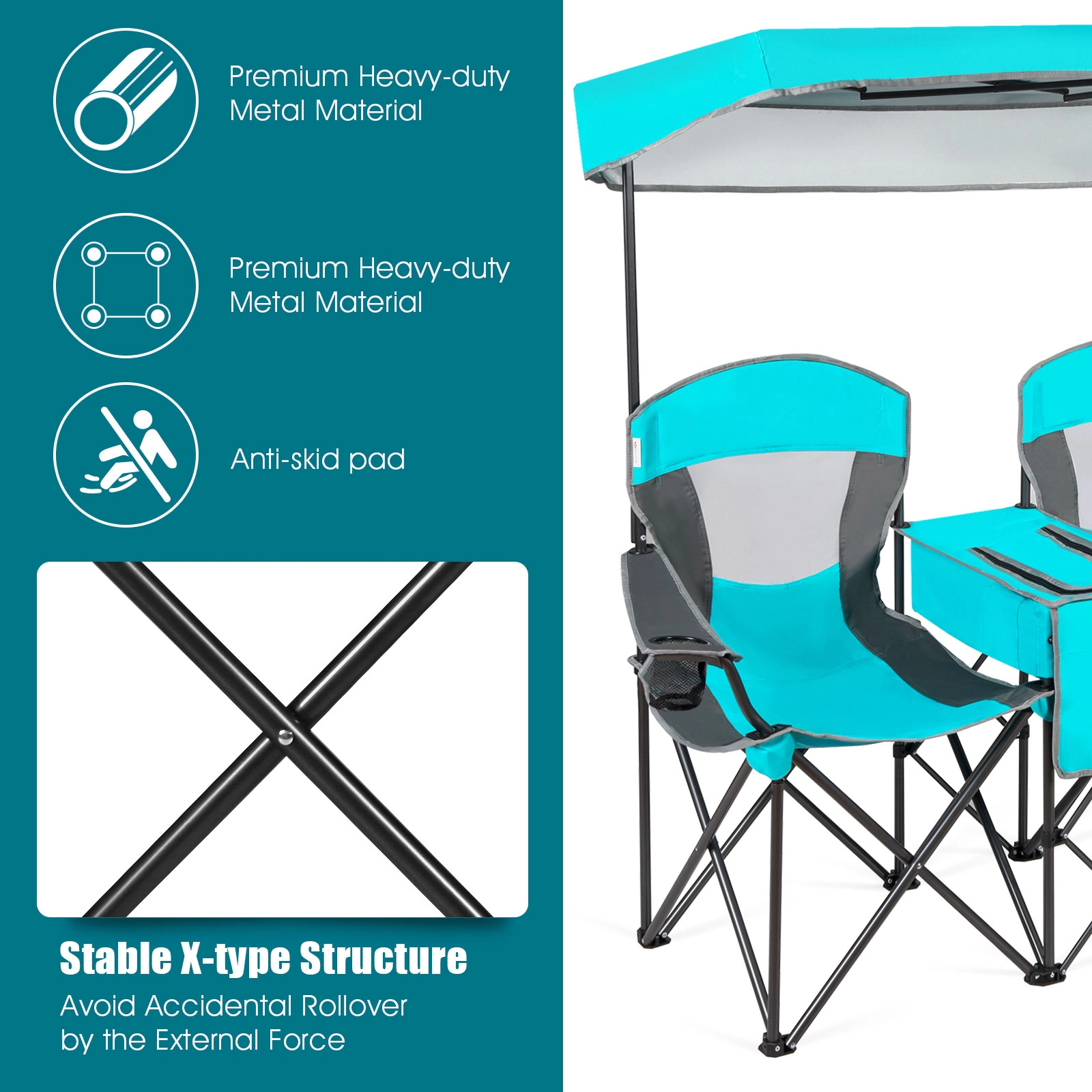 SUGIFT 265-lb Capacity Portable Folding Camping Canopy Chair with Adjustable Sun Shade Cooler Bag and Cup Holder