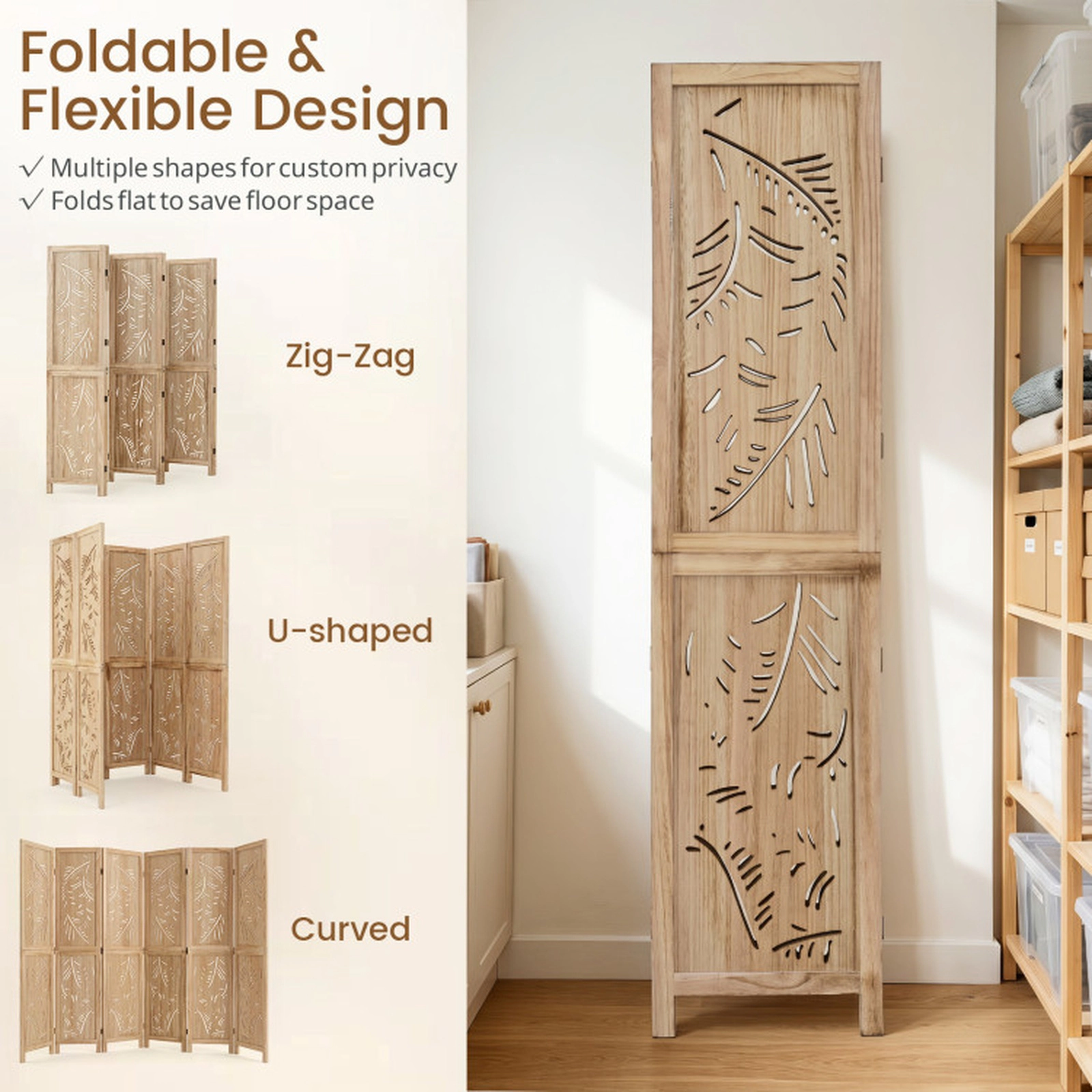 SUGIFT 6-Panel Carved Palm Leaf Wood Room Divider with Paulownia Frame and Raised Legs 95-in W 67-in H Natural