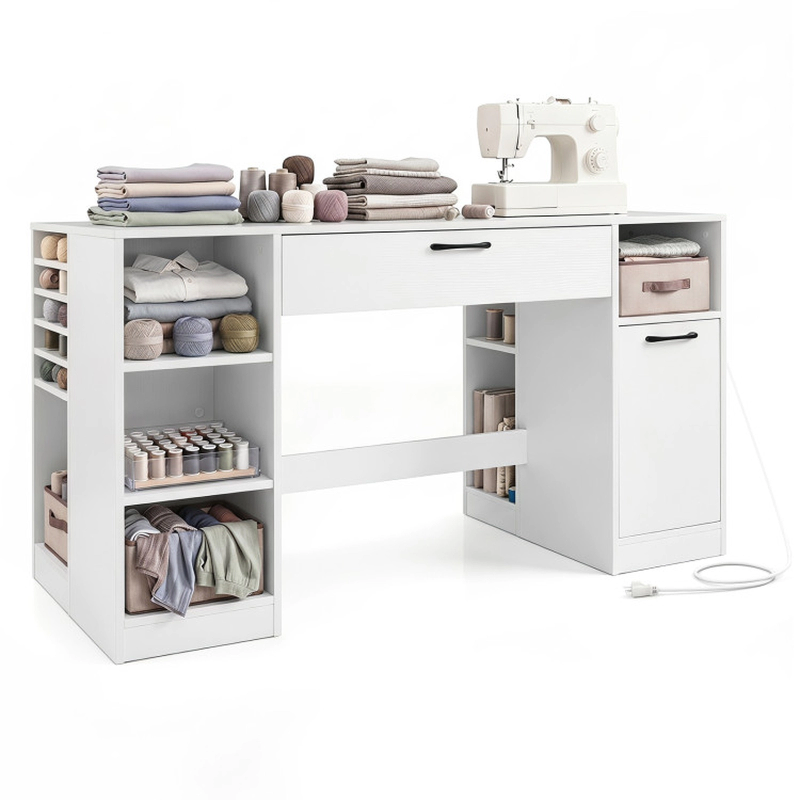 SUGIFT 53-in 110-lb Capacity White Craft Station Desk with 2 Drawers 5 Removable Shelves and Power Outlets