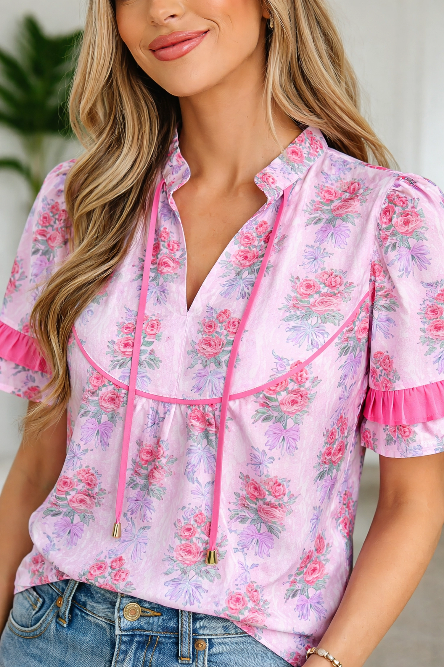 Threaded Pear Keyla Ruffled Short Sleeve Blouse