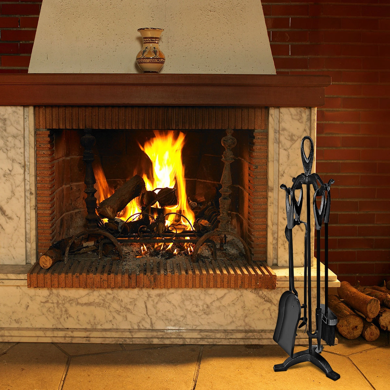 SUGIFT 5-Piece Plated Brass Handles Wrought Iron Fireplace Tool Set 25-in Stand 17.7-in Tongs 18-in Shovel 6-lb Black