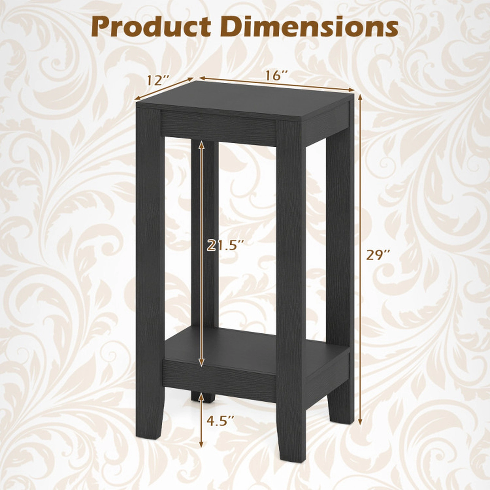 SUGIFT Set of 2 Black 2-Tier End Tables 16-in by 12-in Narrow Side Tables with Open Storage Shelf