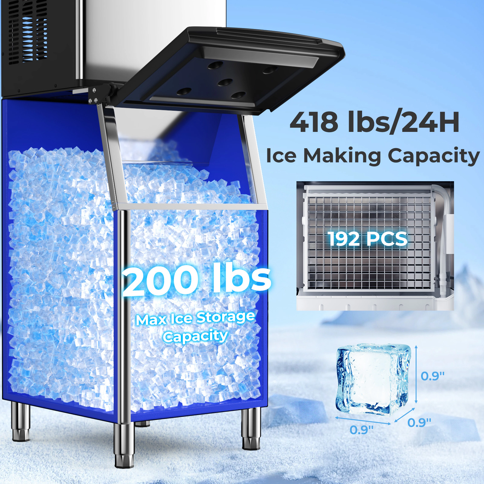 SUGIFT Silver Commercial Ice Maker with 418-lb Daily Output and 200-lb Storage Bin 26.3-in W 22.8-in D 63.4-in H