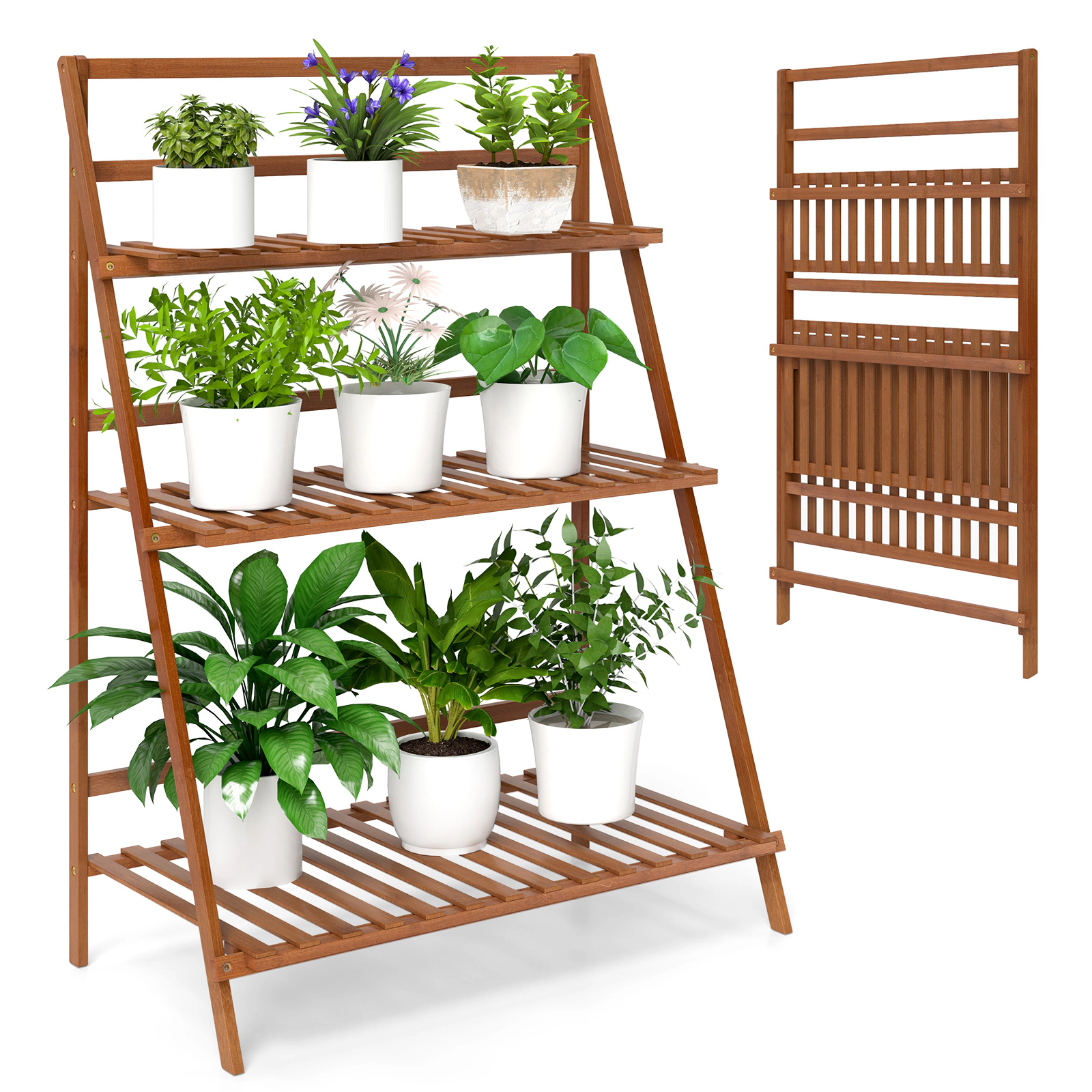 SUGIFT Brown 3-Tier 28-in Foldable Bamboo Ladder Shelf Plant Stand Flower Rack and Bookshelf for Indoor