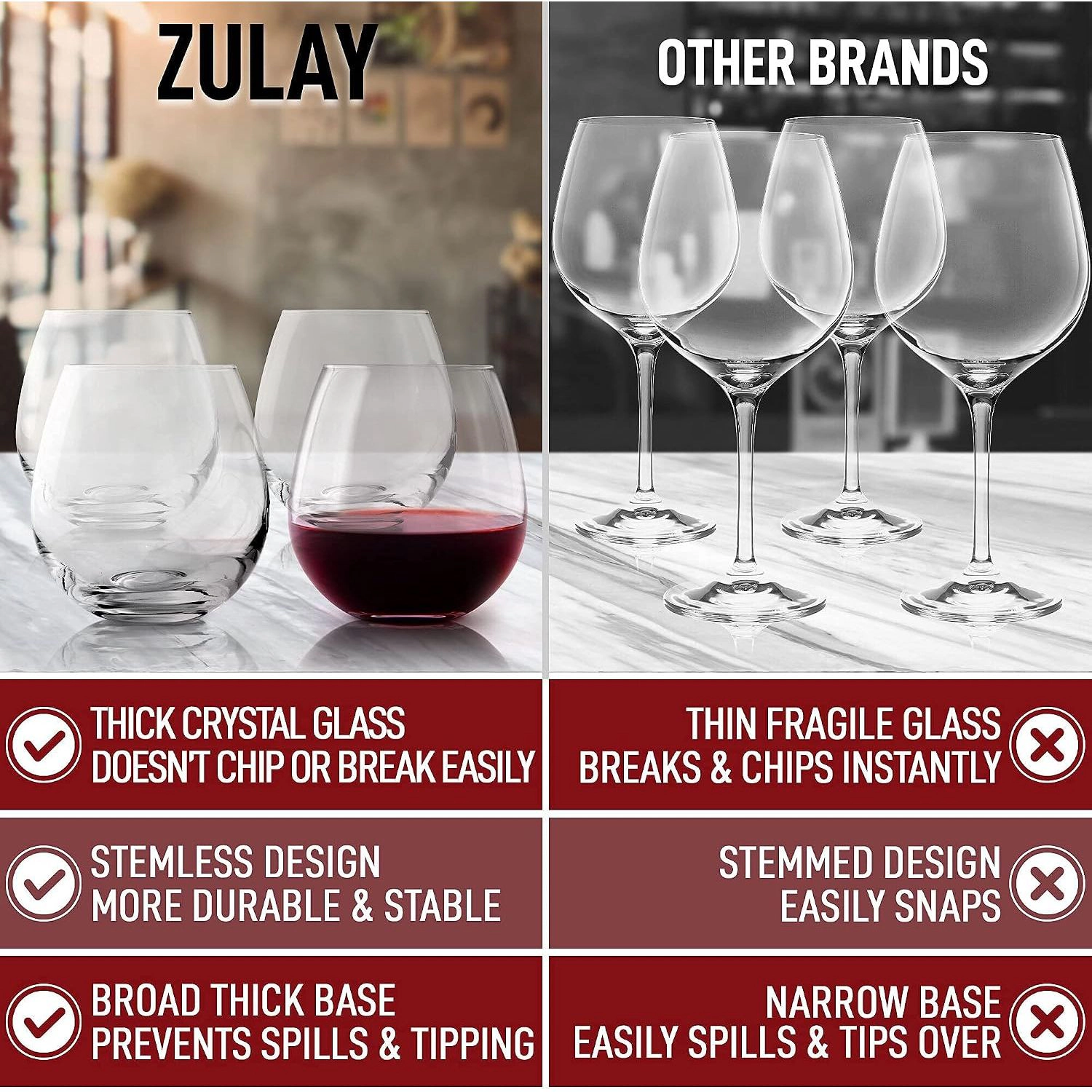 Zulay Kitchen Premium Class Stemless Wine Glasses Set of 4 - 14.5 Ounce Stemless Wine Glass Set For Red & White Wine