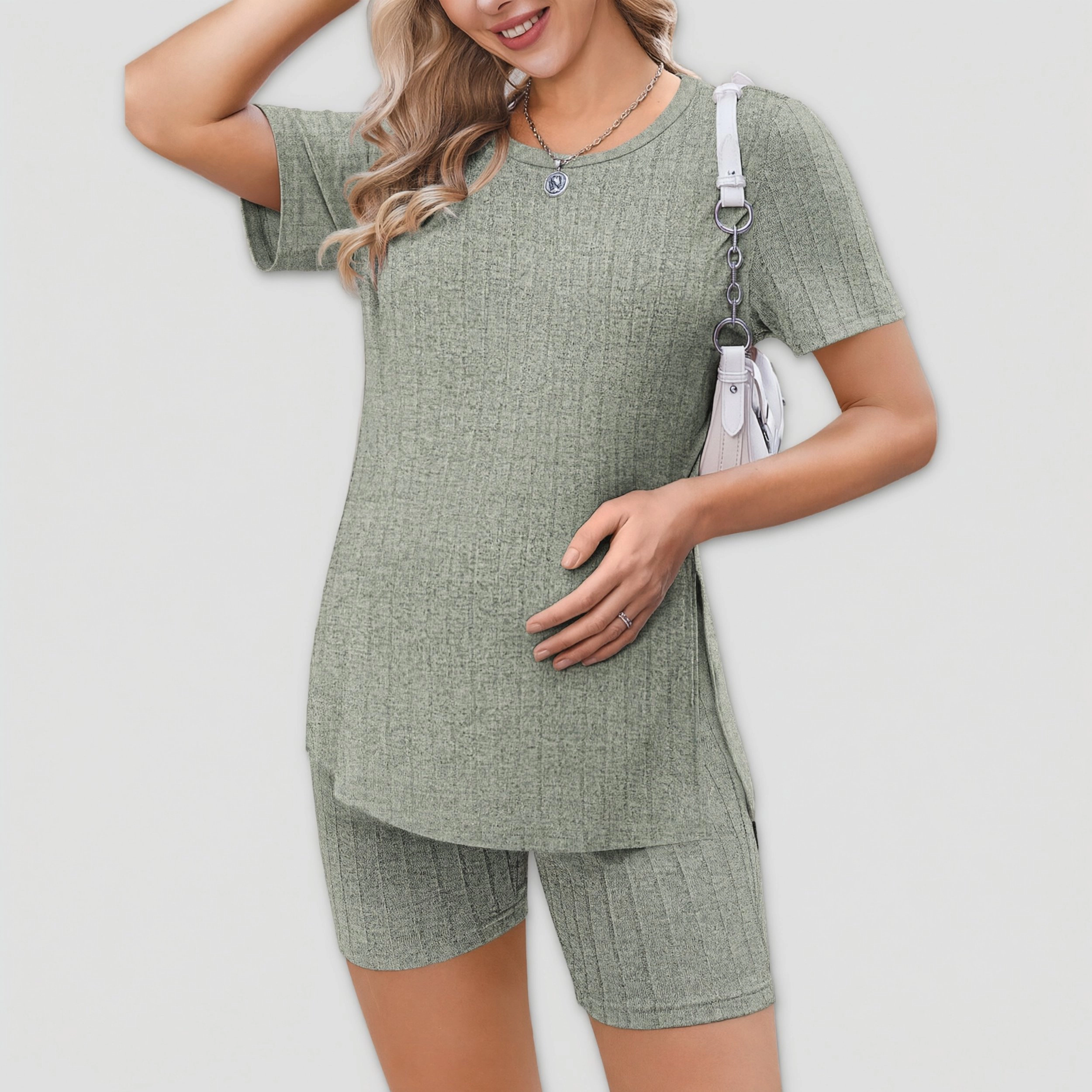 Ekouaer Women's 2 Piece Ribbed Knit Maternity Shirt & Biker Shorts Set