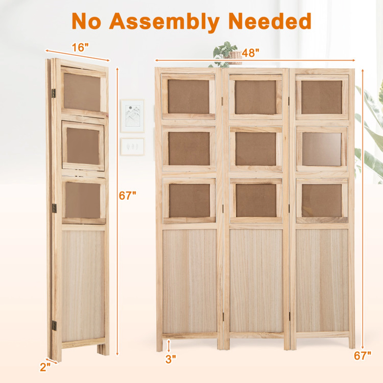 SUGIFT Natural 3-Panel 48-in Wide Folding Wood Room Divider Privacy Screen with 9 Swivel Photo Frames