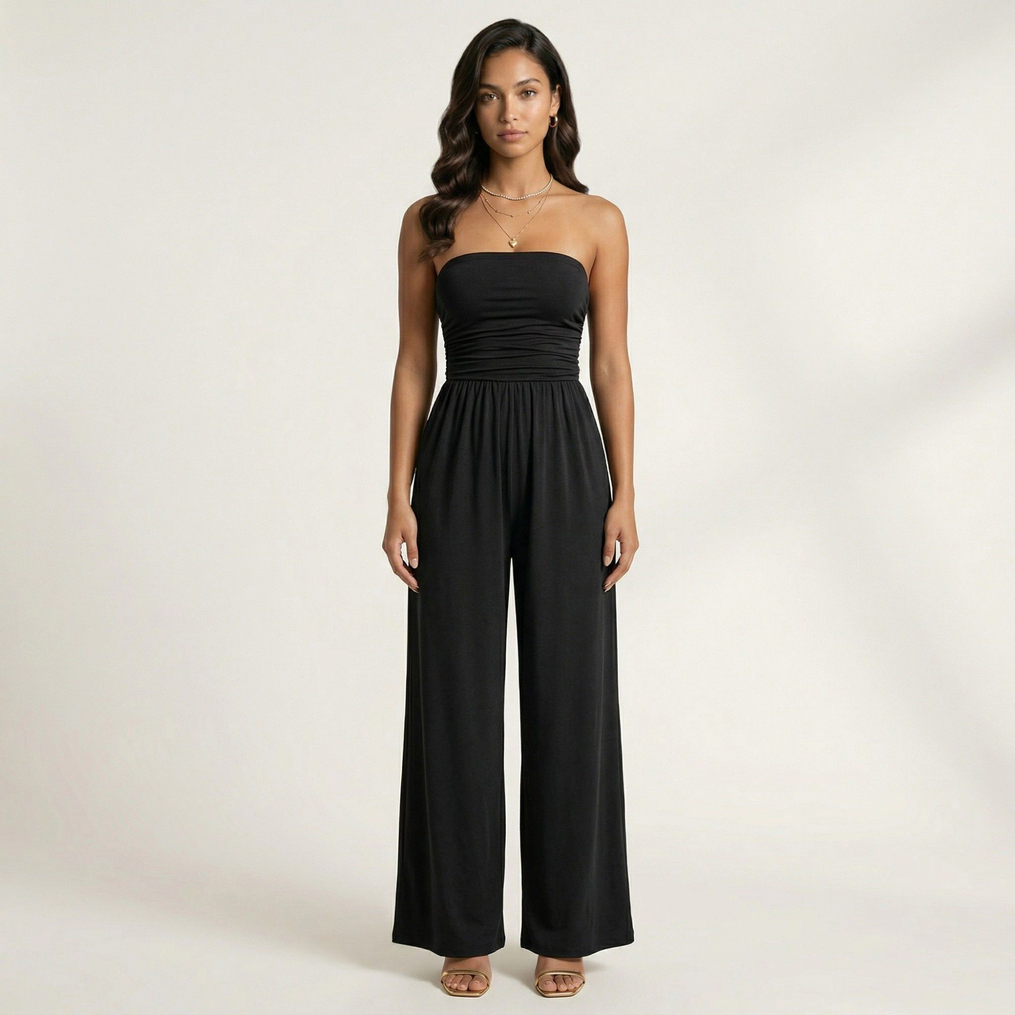 Anna-Kaci Womens Strapless Smocked Wide Leg Jumpsuit