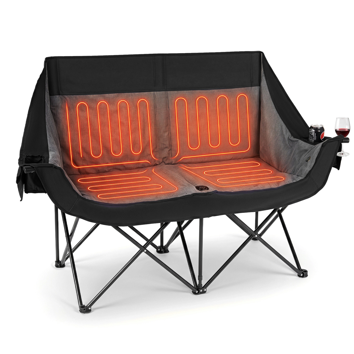 LJG Heated Double Camping Chair with 4 Heating Zones and Wine Glass Holders