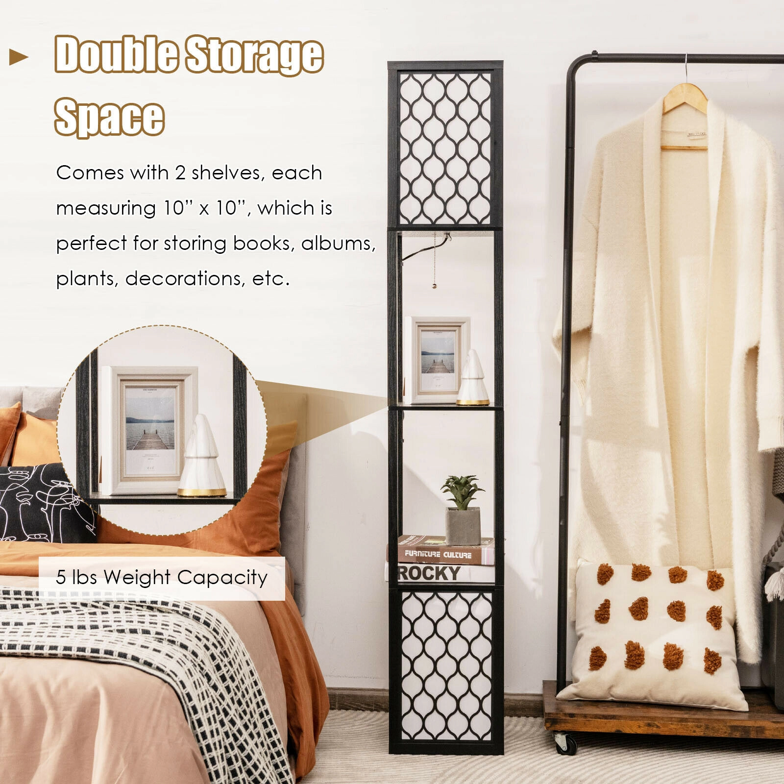 Slickblue 2-Light Shelf Floor Lamp 62in Black White with 2-Tier Storage Shelves Bedroom