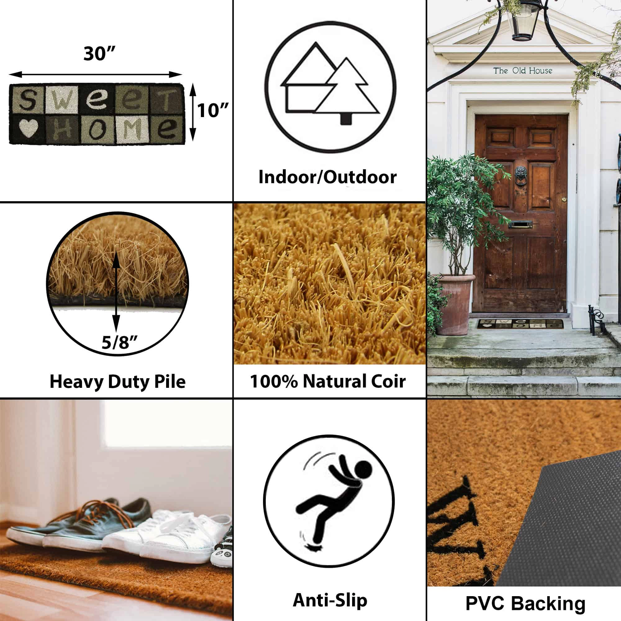 Evideco French Home Goods Black Gray Green Ecru Sweet Home Coir Doormat 30 x 10 Inches
