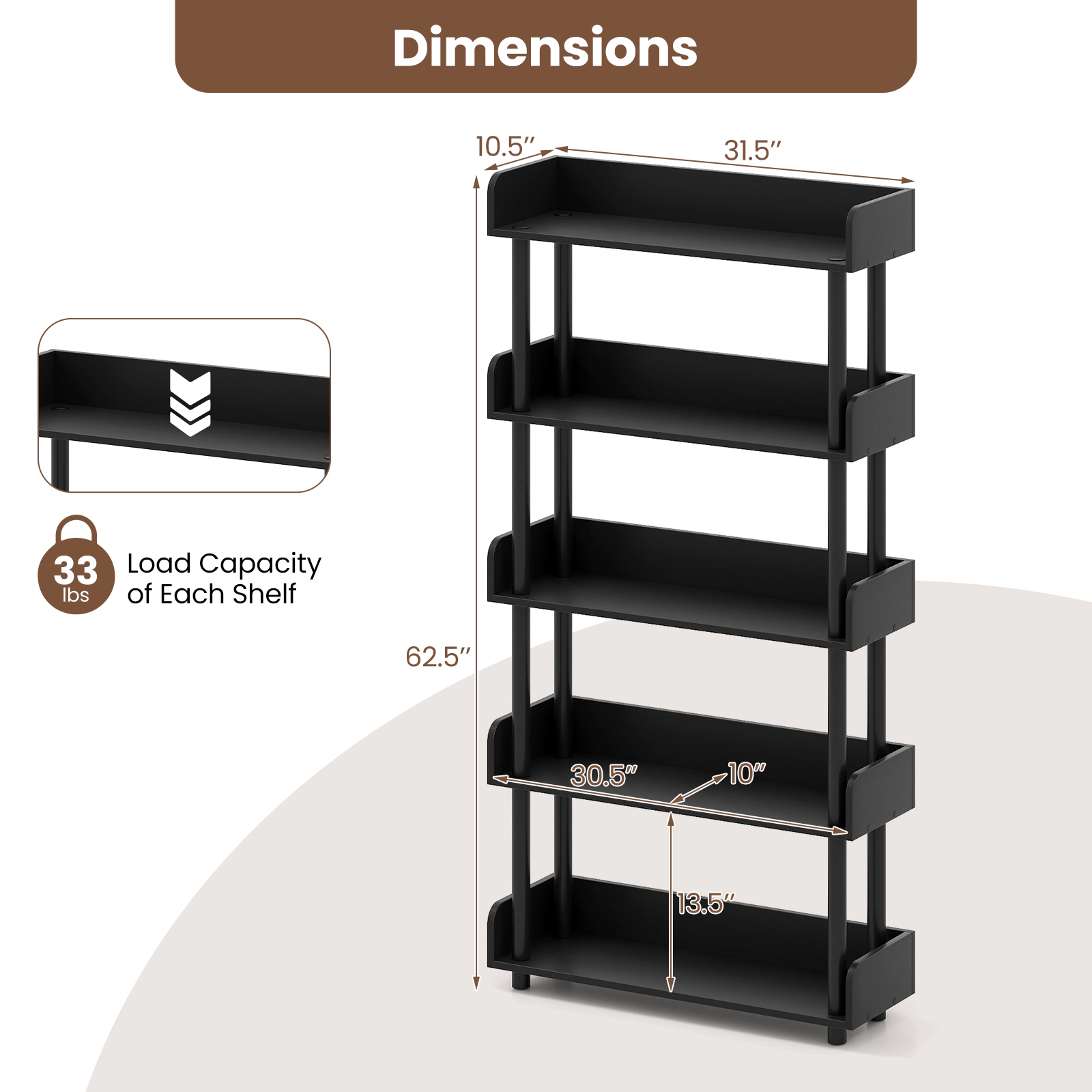 SUGIFT 5-Tier Open Bookcase 62.5 Industrial Storage Unit with Guardrails
