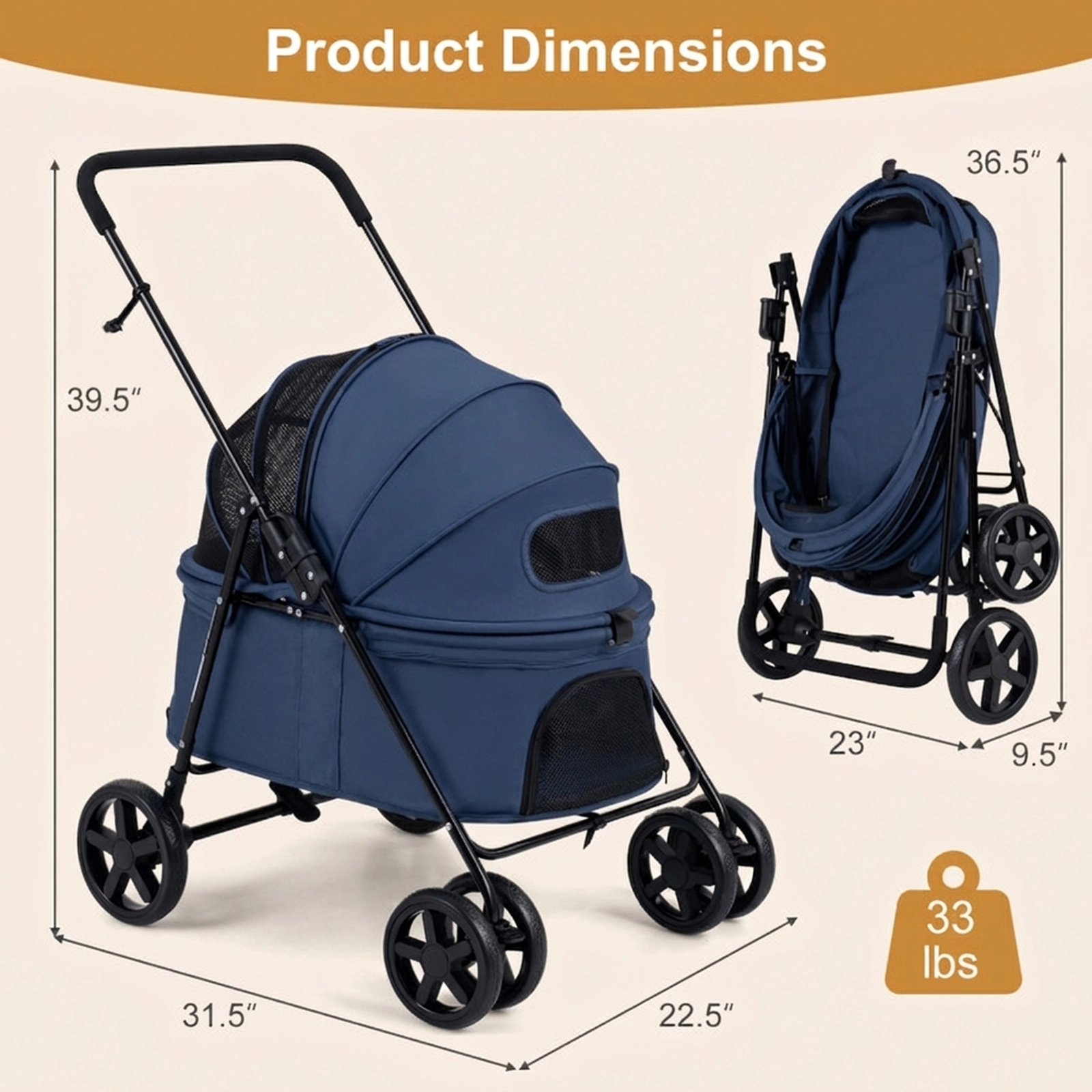 SUGIFT Navy Folding Pet Stroller with Swivel Front Wheels 31.5-in W 22.5-in D 39.5-in H 33-lb Cabin Capacity