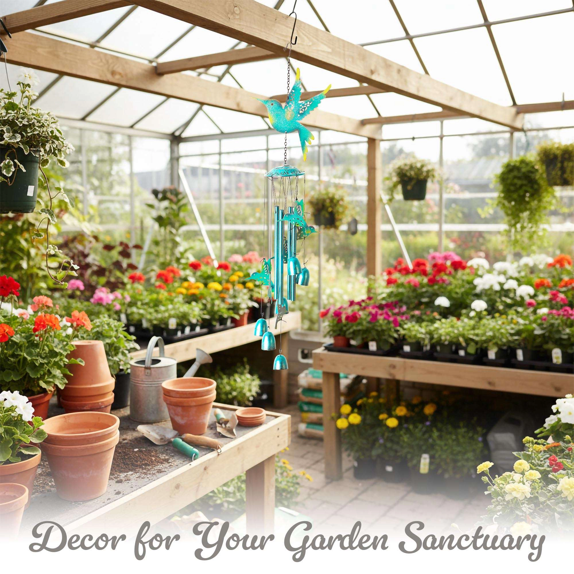 G128 Blue Hummingbird Wind Chime 32" - Hand-Painted Metal Outdoor Chime for Garden Patio Porch