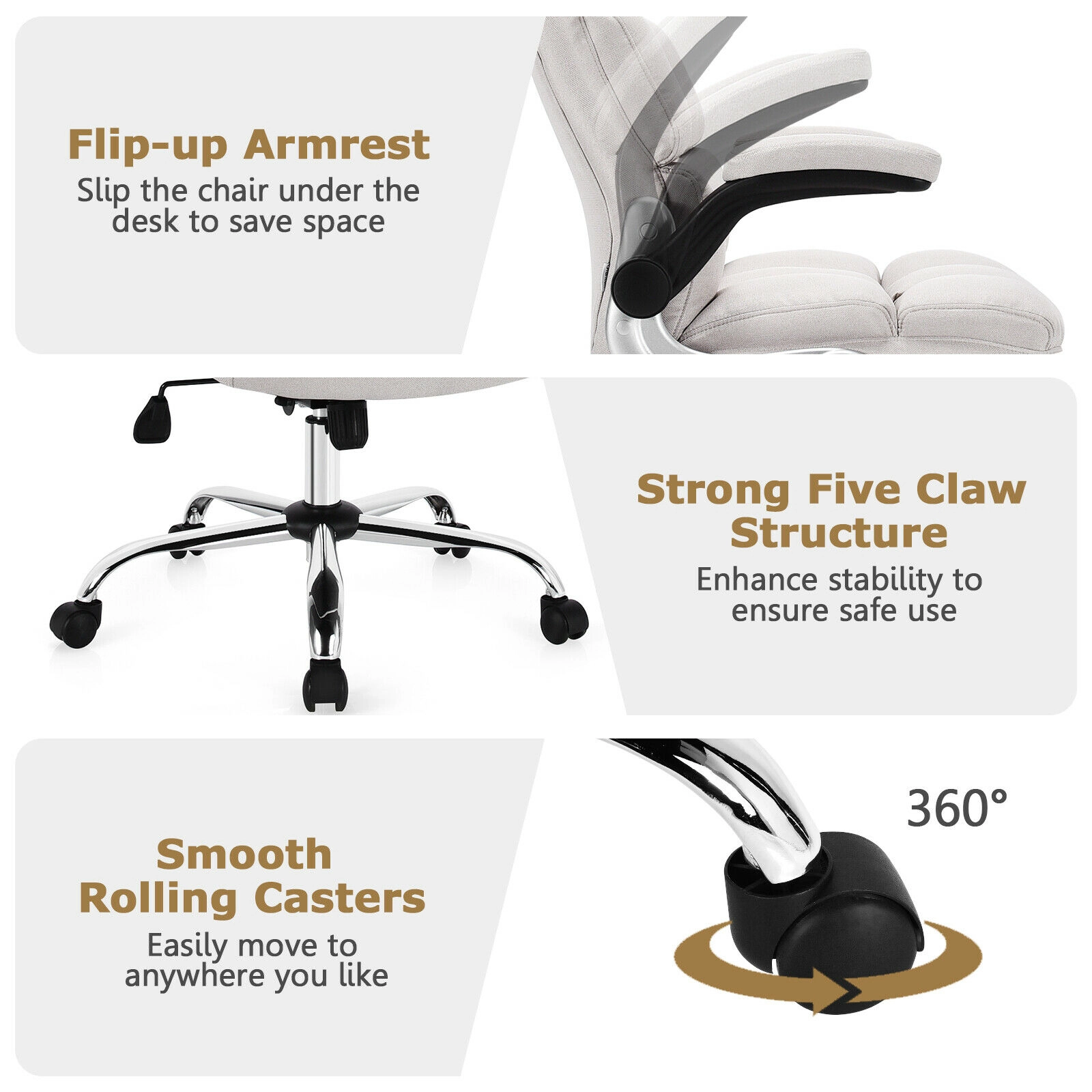 SUGIFT Big and Tall 400-lb Capacity High Back Swivel Desk Chair with Flip-Up Arms and Linen Upholstery