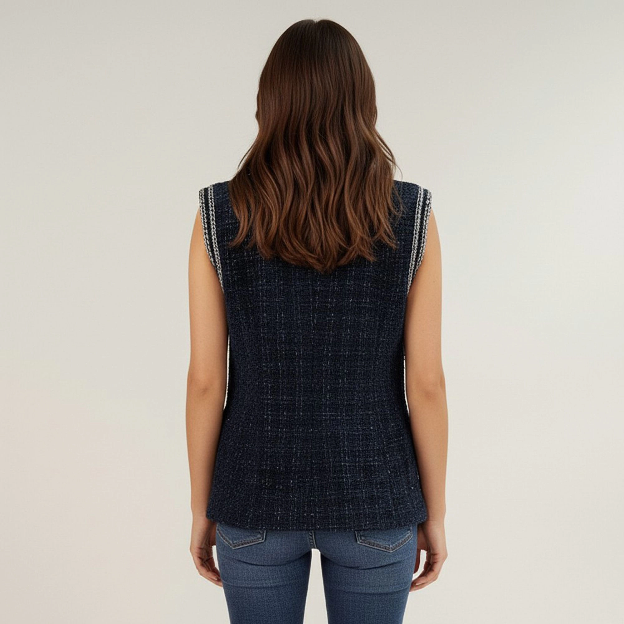 Anna-Kaci Women's Textured Button Front Vest with Decorative Trim and Patch Pockets