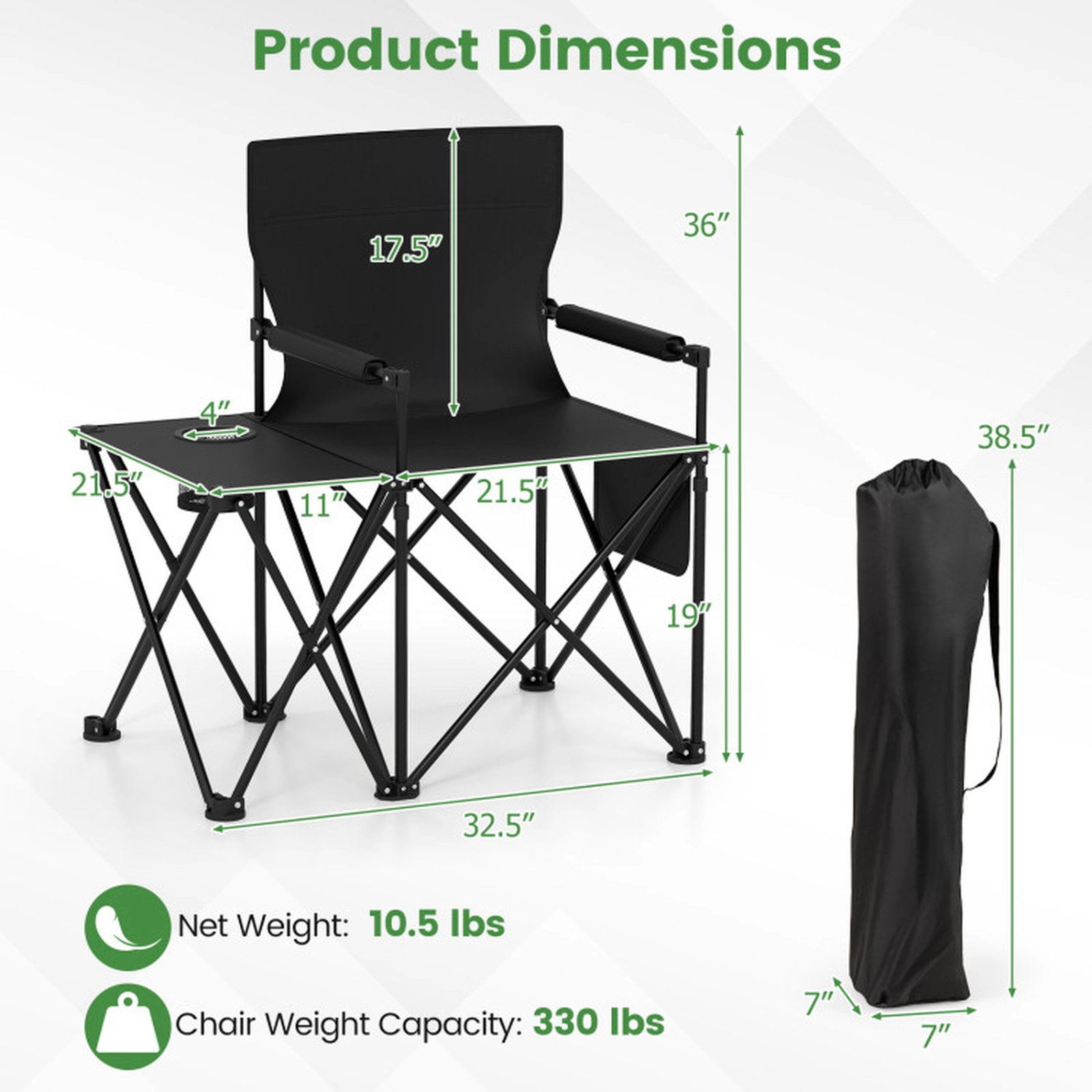 SUGIFT Black Oversized Camping Chair with Side Table and 2 Storage Pockets 32.5-in W 21.5-in D 330-lb Seat Capacity