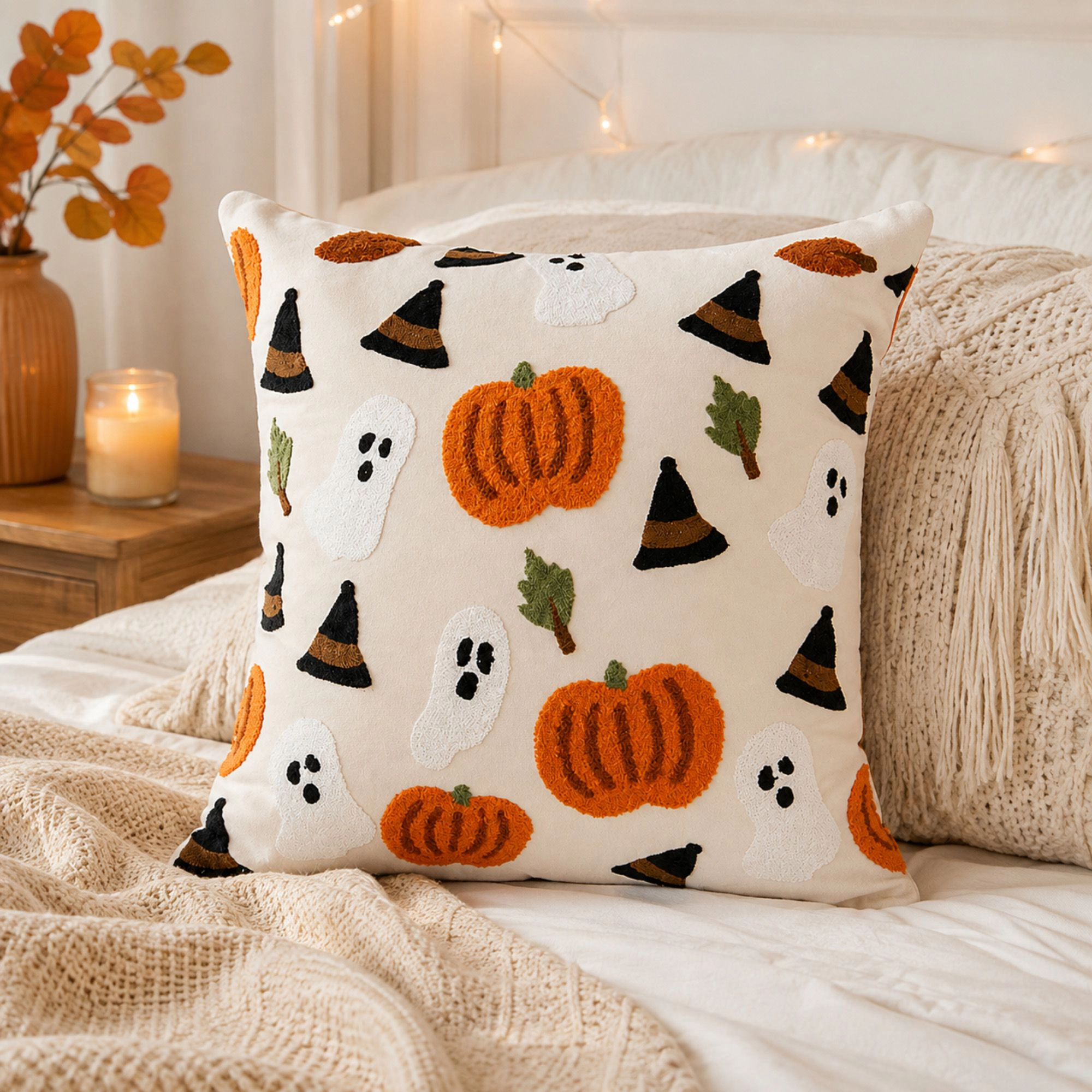 Alilang Halloween Embroidered Pumpkin Decorative Throw Pillow Cover 17.7 x