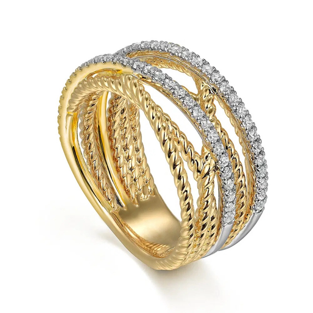 Fashion Two Tone Zirconia Multilayer Intertwined Wide Ring
